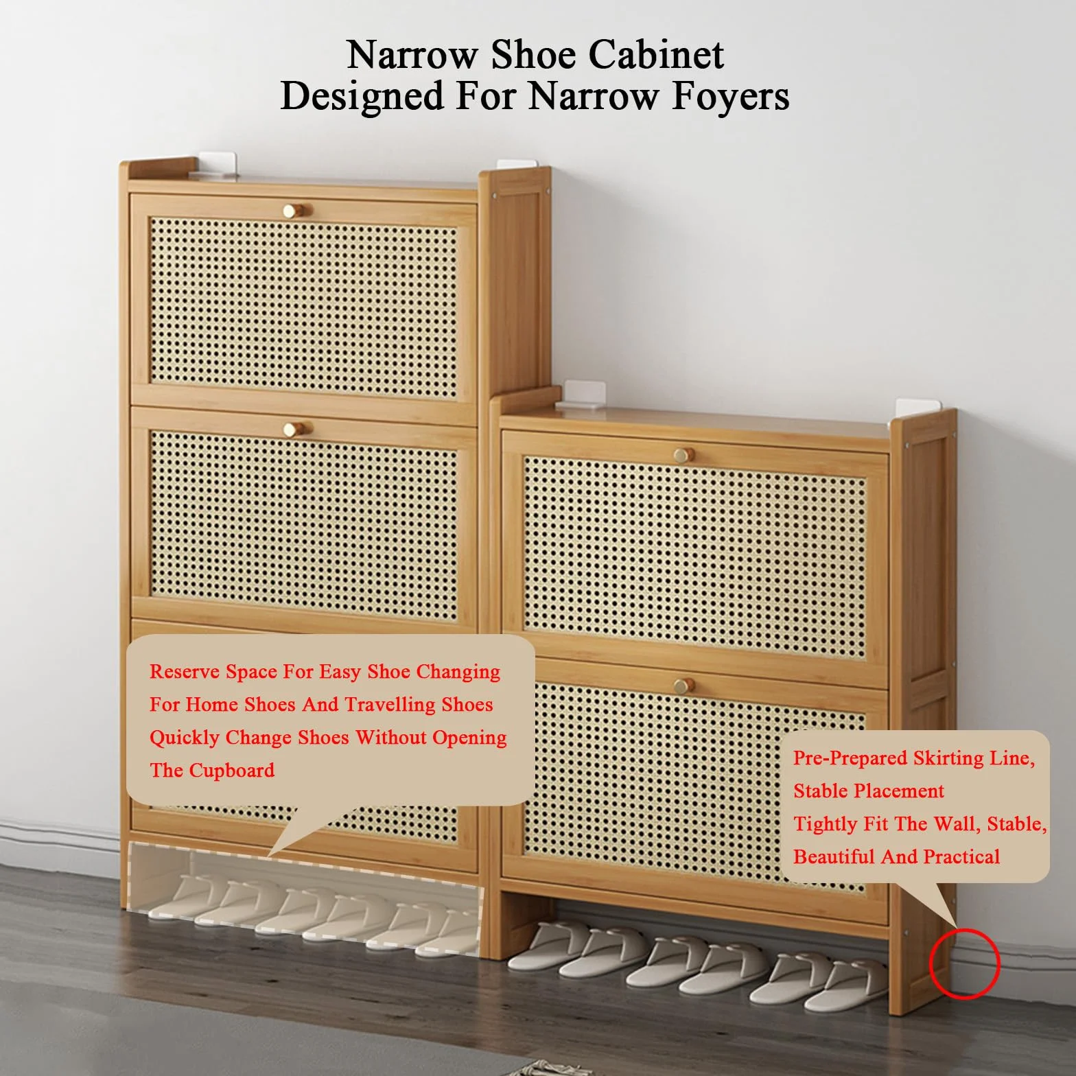 Zapatero estrecho de bambú delgado de 6.7 pulgadas para entrada, almacenamiento que ahorra espacio con puertas abatibles para tenis y pantuflas (marrón, 68 x 17 x 87 cm), elegante y funcional