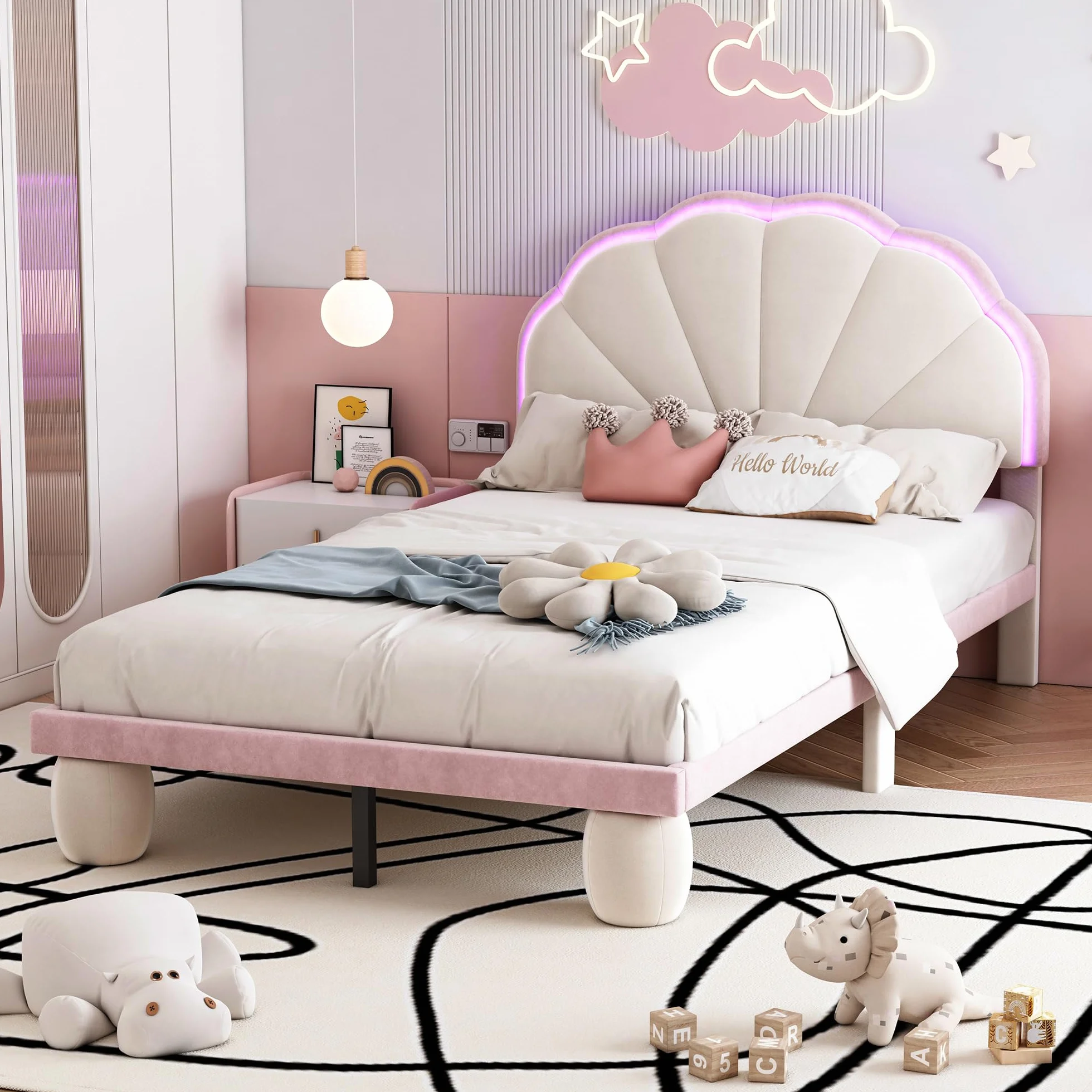 Cama tapizada LED para niños: cama individual de terciopelo en beige y rosa, 90 x 200 cm, con cabecero ondulado, tiras de luz que cambian de color y patas acolchadas, habitación infantil de cuento de