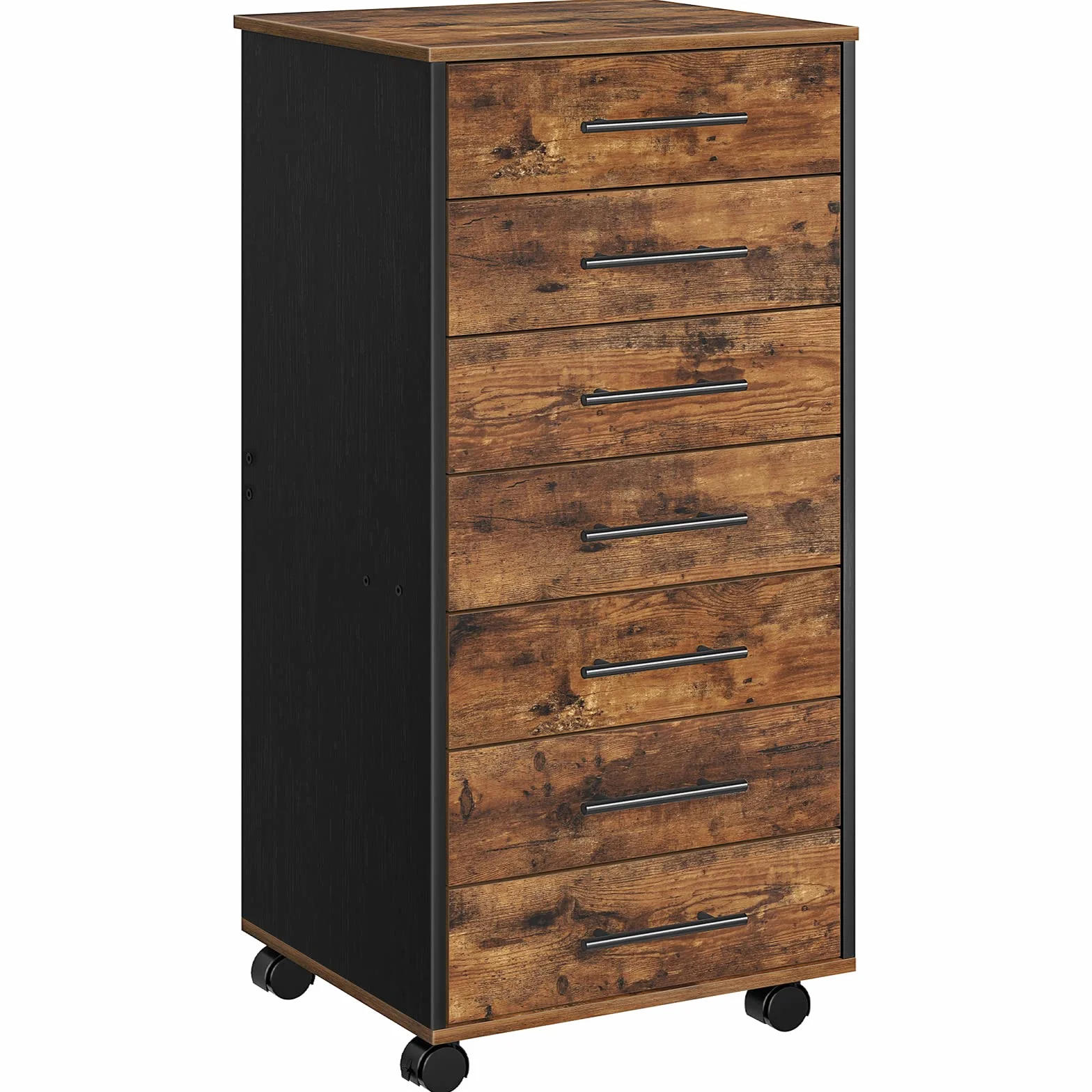 HOOBRO Cajonera con 7 Cajones, Archivador, Archivador de Madera, Armario de Oficina con Cajones, Armario de Almacenamiento, para Oficina en Casa, Montaje Sencillo, Marrón Rústico y Negro EBF07WJ01