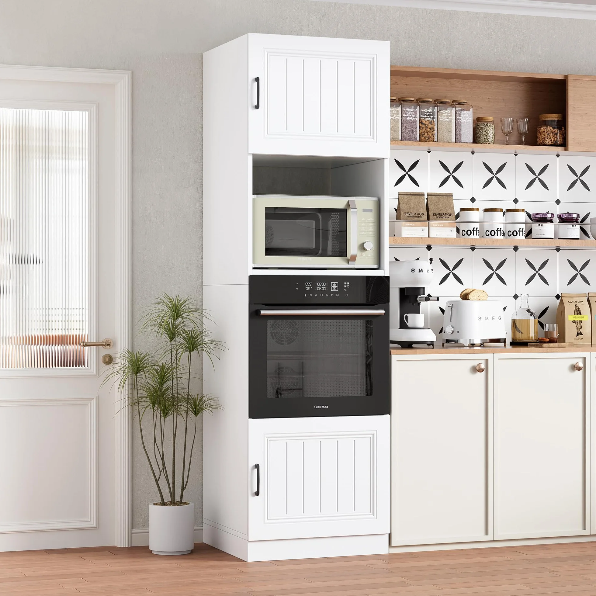 MSFE Armario de Cocina Alto para Microondas y Horno,Armario para Microondas con Mucho Espacio de Almacenamiento 60 * 57.2 * 207 cm,Muebles de Cocina de Madera,Blanco Mate,Enviado en 2 Paquetes