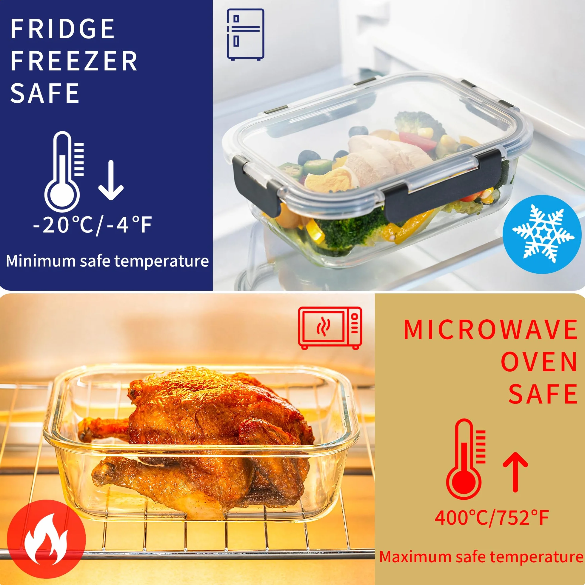 MFY Juego de 10 recipientes de cristal con tapa, herméticos, aptos para microondas, horno, congelador y lavavajillas, color blanco