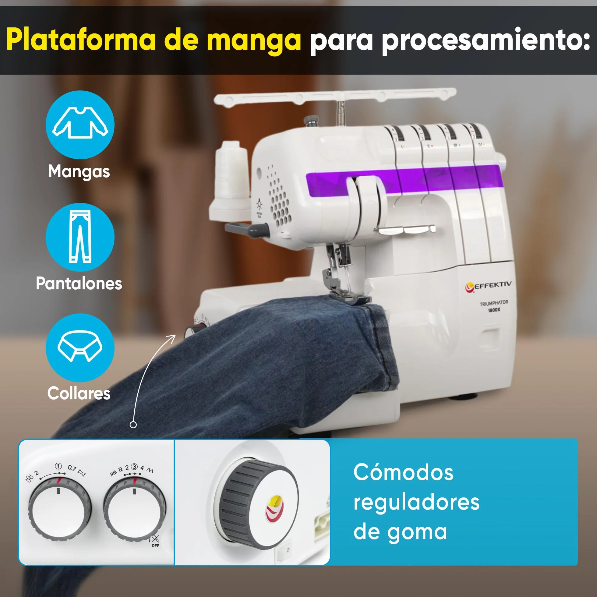 EFFEKTIV Remalladora Overlock 1800X, Máquina Overlock 3/4 Hilos con Diferencial, Enhebrado Automático, 1300 Puntadas/min, Plataforma de Manga