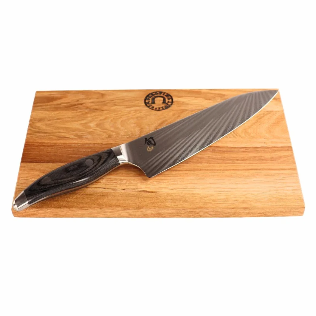 Kai Shun Nagare NDC-0706 - Cuchillo de chef japonés ultraafilado, hoja de 20 cm + tabla de cocina de madera de barril vieja (roble) 30 x 18 cm VK: 409
