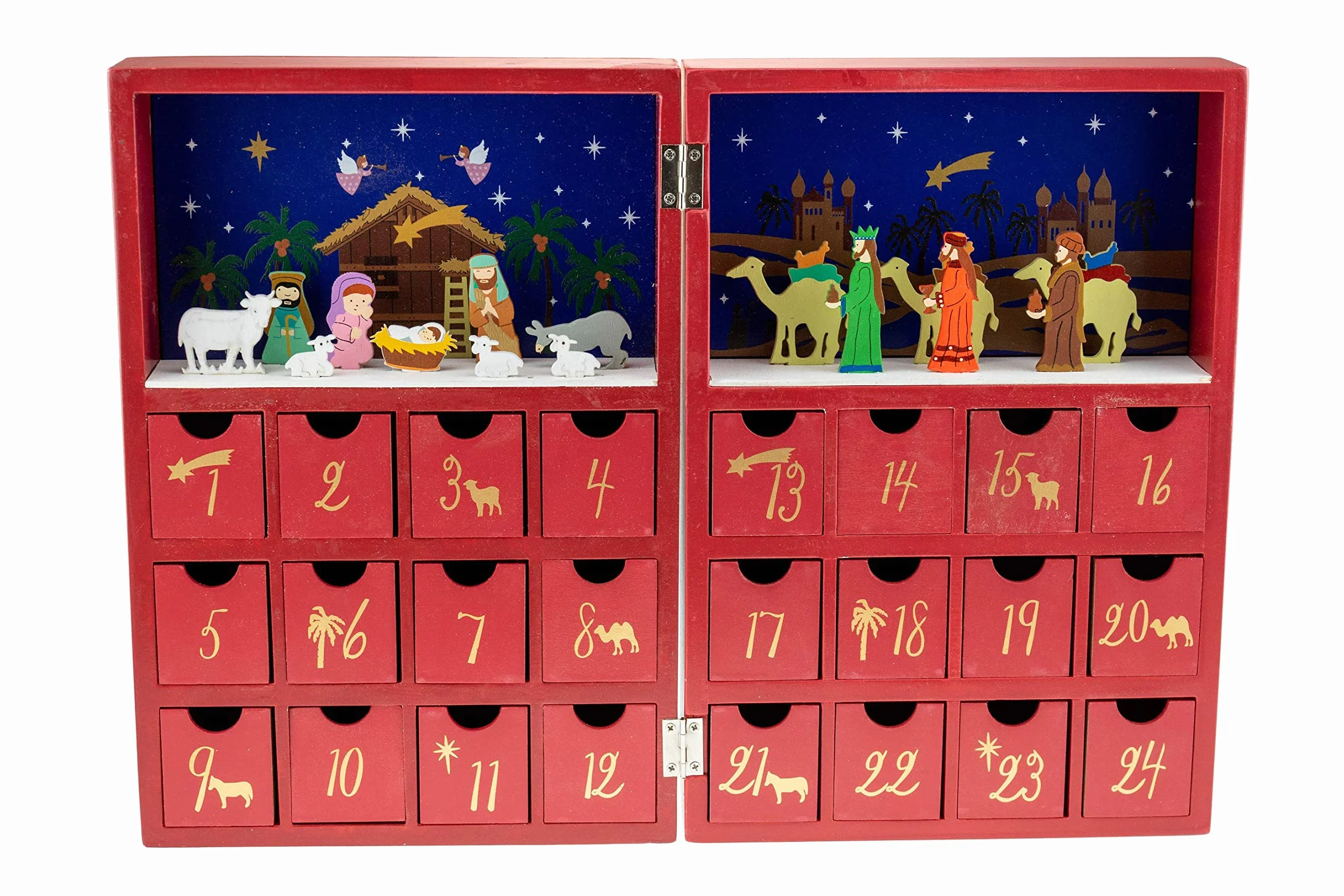 Clever Creations - Calendario de Adviento con Forma de Libro - Belén con niño Jesús y los 3 Reyes Magos - Madera Robusta - 21 x 5,1 x 25,4 cm