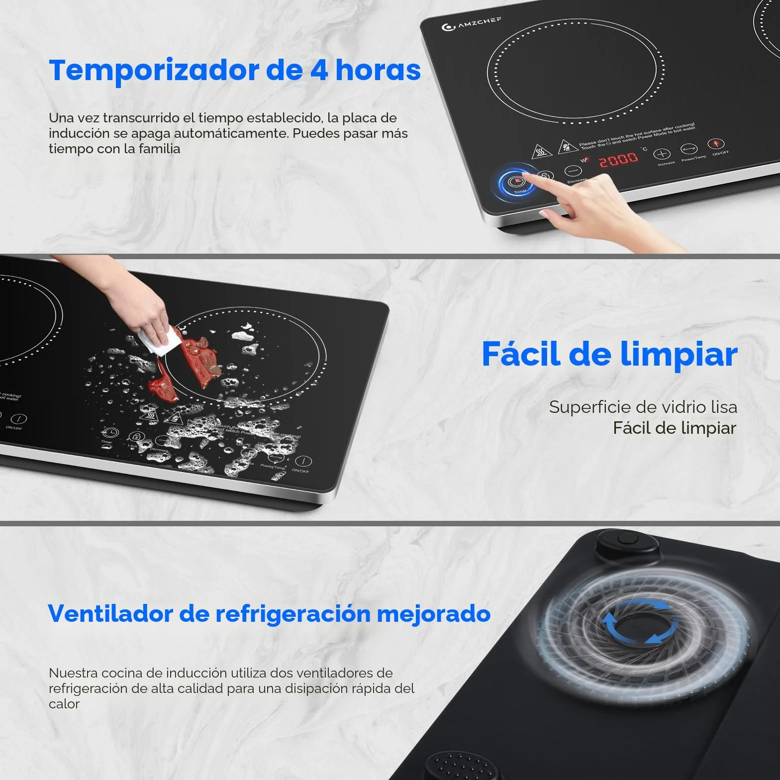 AMZCHEF Placa Inducción 2 Fuegos, Placa de Inducción Portatil 3500W con Controles Independientes, IGBT Mejorado, 20 Niveles de Temperatura, Múltiples Niveles de Potencia, Temporizador de 4 Horas