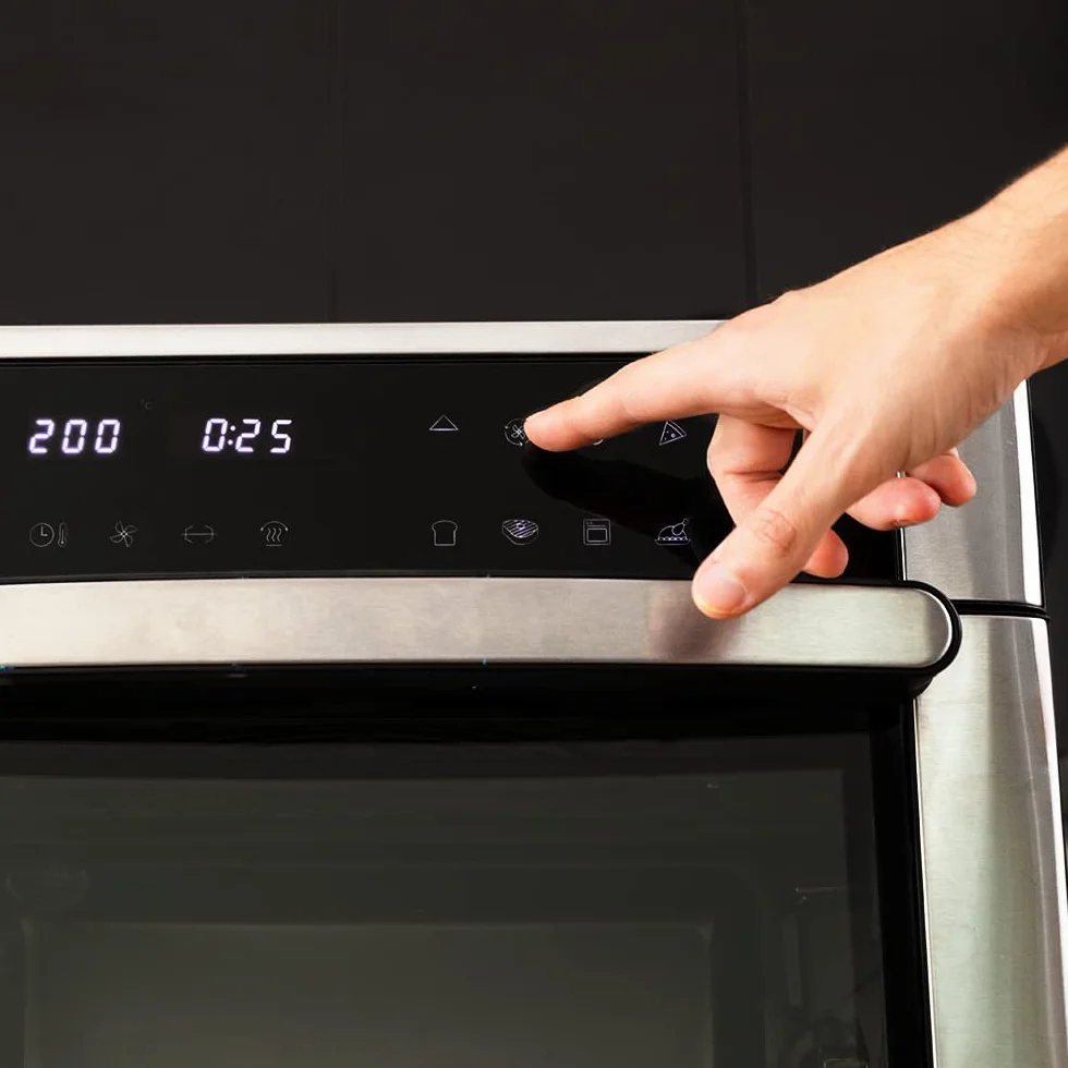 Cecotec Horno Freidora de Aire Caliente Bake&Fry 3000 Touch Steel. 1600 W, 30 Litros, Convección, Pantalla Táctil, 9 Funciones, Temperatura y Altura Regulable, Acero Inoxidable