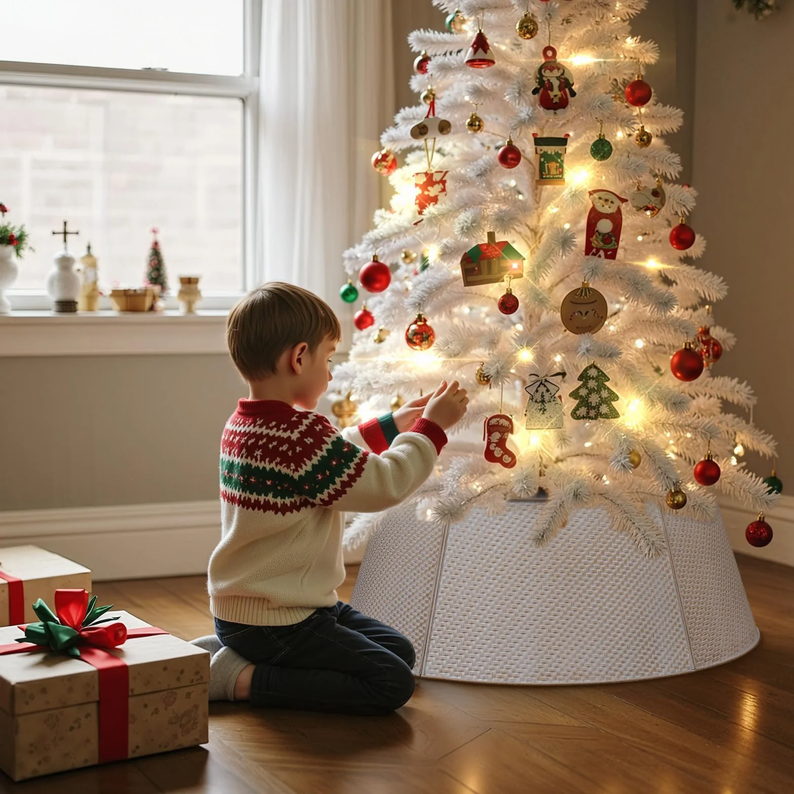 Lanpn Metal Collar Árbol de Navidad 50cm, Albero Natale Decorativo Christmas Tree Collar para Pequeño Mini S Árboles Artificiales Interior Exterior - Decoración Navideña (Blanco, Sarga)