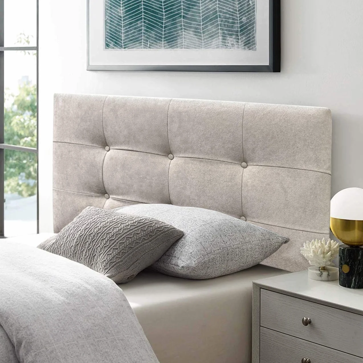 DecorQUALITY Cabeceros de Cama Button Deluxe Cabezal tapizado en Tejido Antimanchas Cabecero Acolchado Premium para Cama Dormitorio Beige 165 * 70 CM