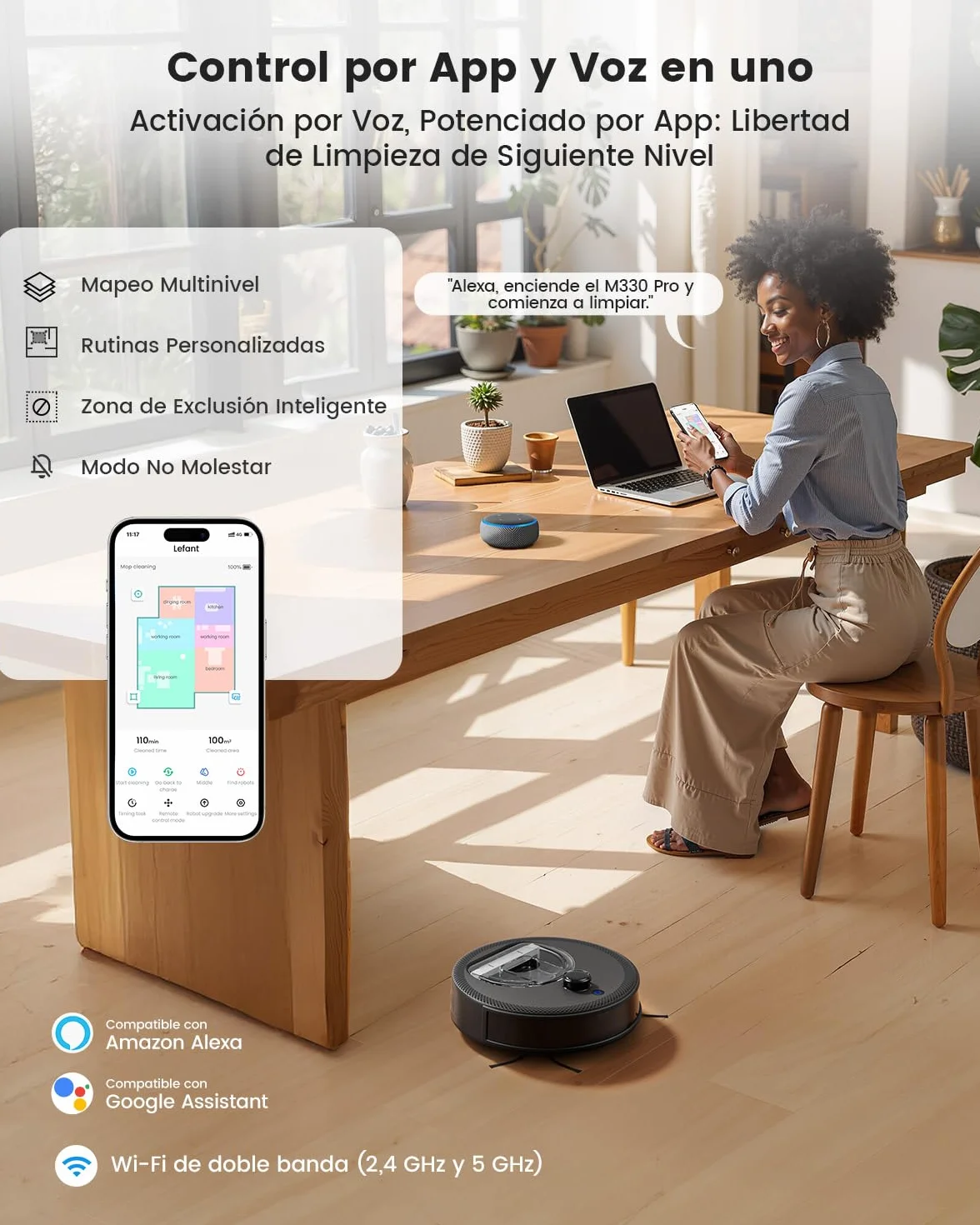 Lefant M330 Pro Robot Aspirador y Fregasuelos 3 en 1, Navegación dToF, 5000Pa, 150 min, Evitación de Obstáculos PSD 190°, WiFi 2,4/5GHz