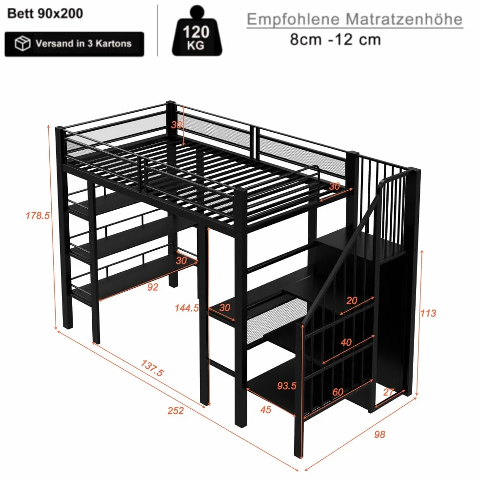 Cama alta de 90 x 200 cm con tira luminosa LED y toma de corriente, cama de hierro forjado con compartimento de almacenamiento y librería, cama individual de metal multifuncional, sin colchón
