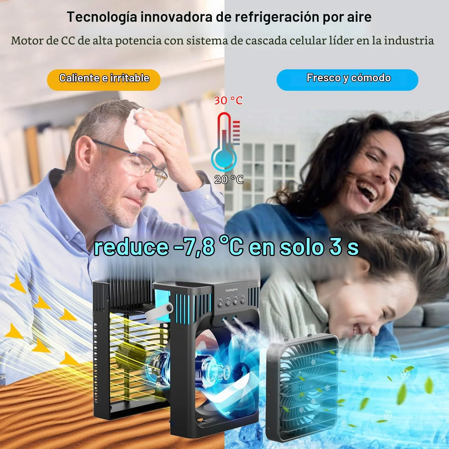 Aire acondicionado portátil con mando a distancia, silencioso con 3 velocidades, ventilador de refrigeración de 1200 ml, ventilador de aire personal con 3 nieblas, 7 luces nocturnas, temporizador de 8