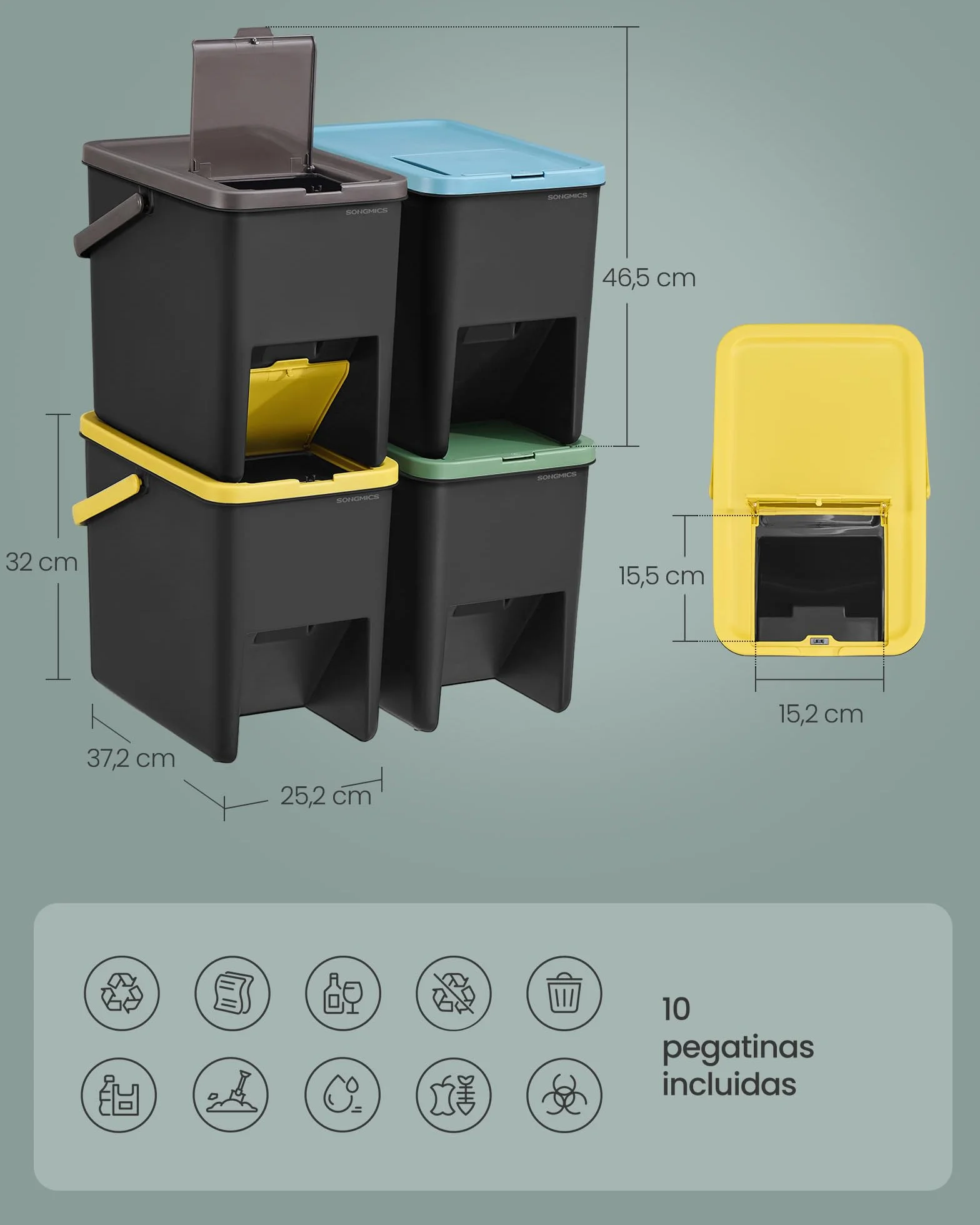 SONGMICS Cubo de Basura, Juego de 4 Cubos Apilables, Papeleras, 20 L Cada, Sistema de Separación Residuos, Tapas Apertura a Presión, Pegatinas, Almacenaje, Amarillo, Azul, Marrón y Verde LTB760BZ01