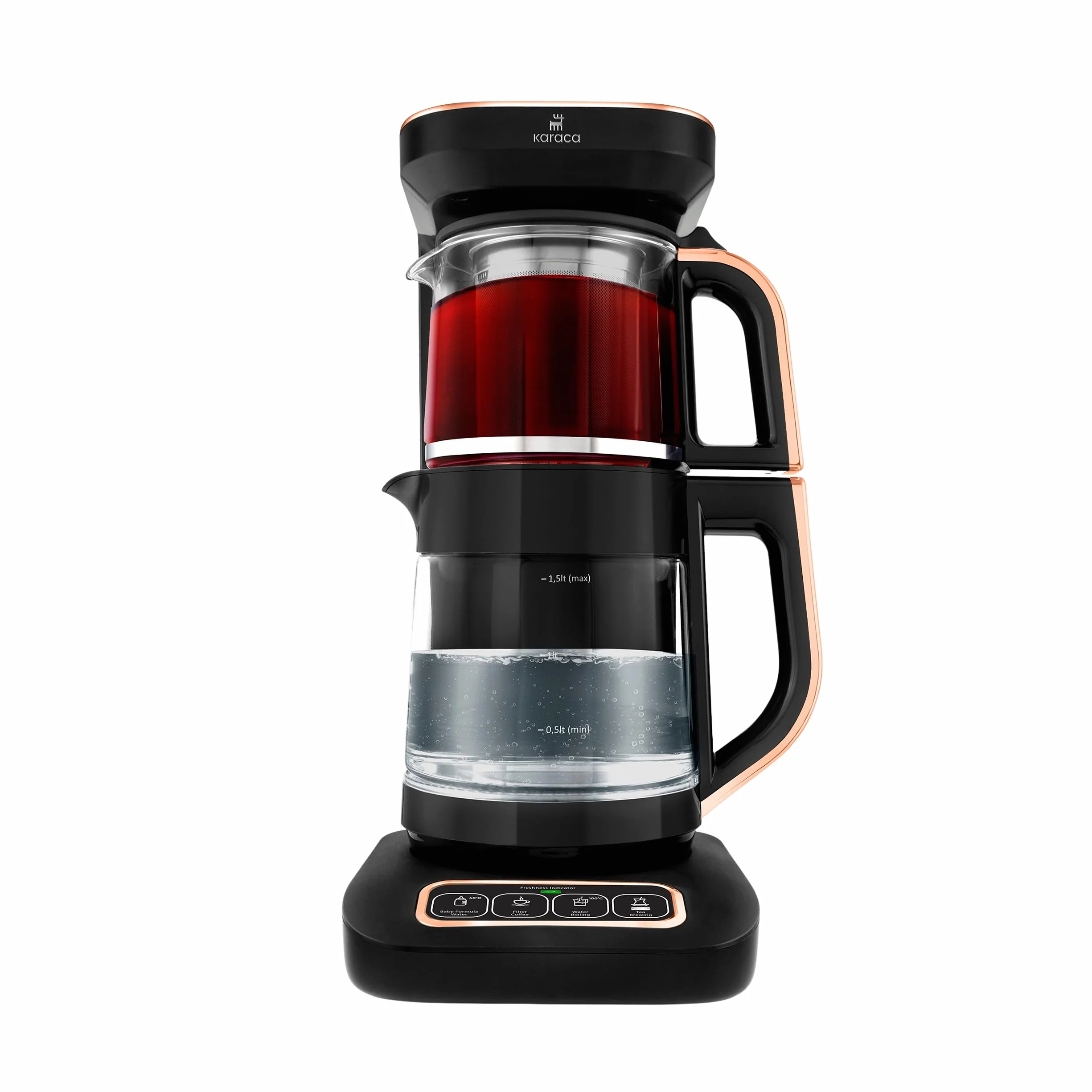 KARACA Robotea Pro Hervidor automático parlante 4 en 1 - Hervidor de agua y cafetera de filtro - 2500 W - Black Copper