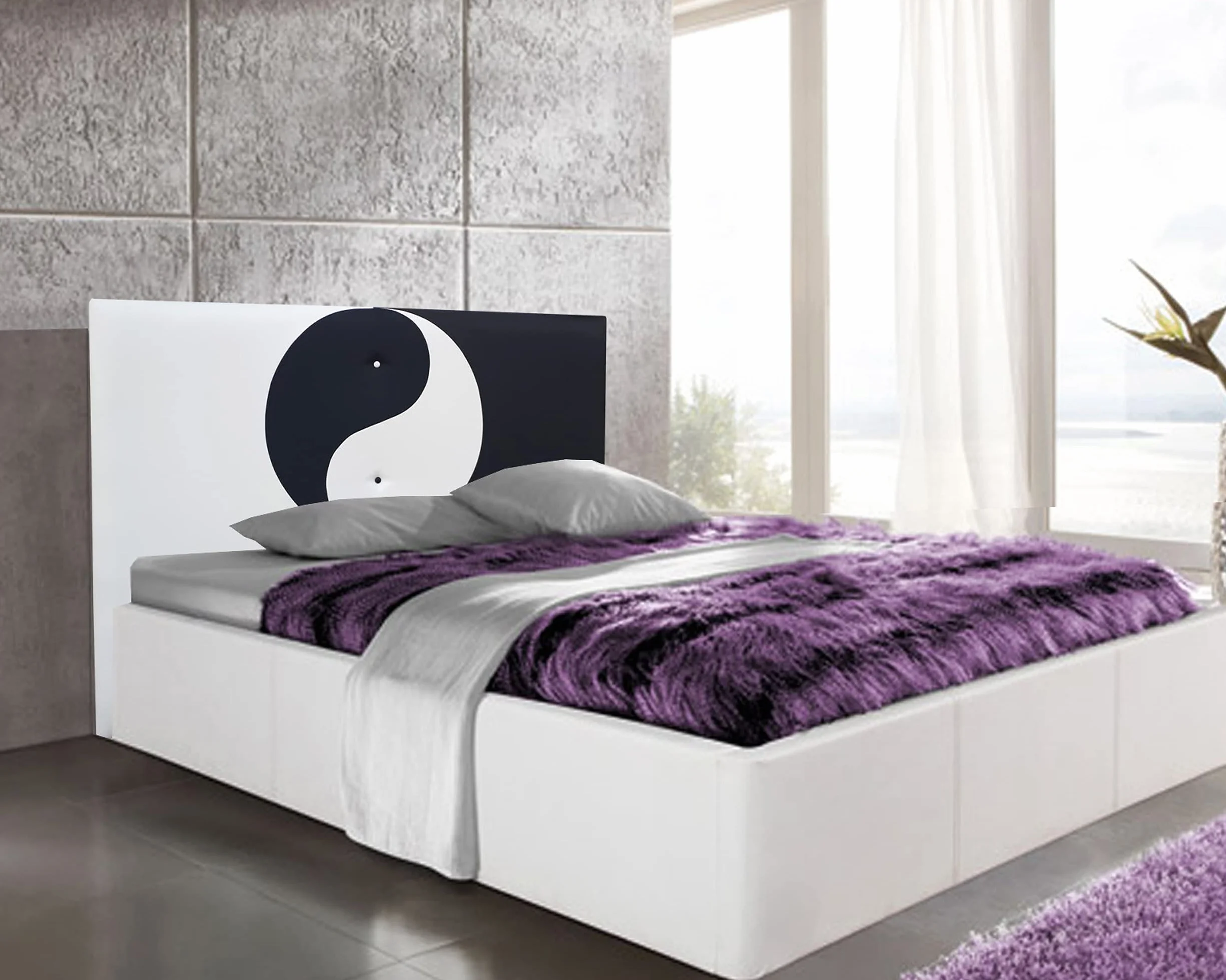 ONEK-DECCO Cabecero de Cama en Polipiel Mod.Yin Yang Largo, Acolchado de Espuma,Cabezal niños,Juvenil y Cama Matrimonio Altura 125 cm.(apoyado en el Suelo) (Blanco-Morado, 150x125)