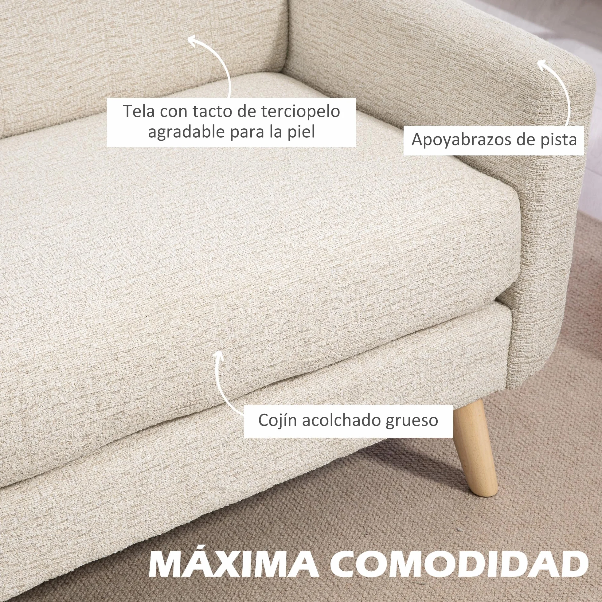 HOMCOM Sofá de 2 Plazas Tapizado en Terciopelo Sofá de Salón Moderno con Reposabrazos y Patas de Madera Carga 240 kg para Dormitorio Oficina 114x71x82 cm Beige