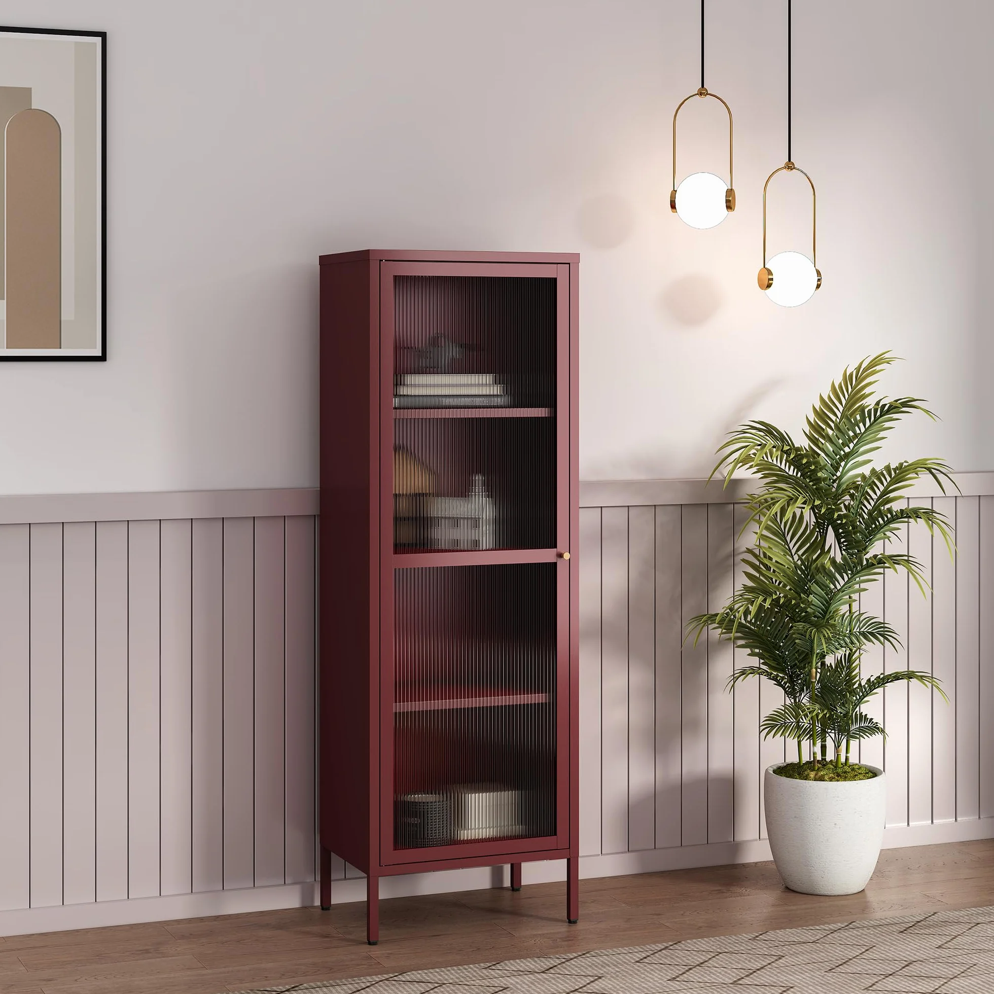 [en.casa] Vitrina Säkylä Aparador para Salón Mueble Auxiliar para Comedor Cocina Dormitorio con Puerta de Cristal y 4 Compartimentos Acero 150 x 50 x 35 cm - Rojo Bordeos y Translúcido