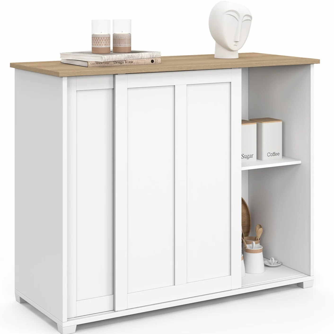 IDMarket - Aparador Jango de 100 cm con 2 puertas correderas, blanco y tablero de madera