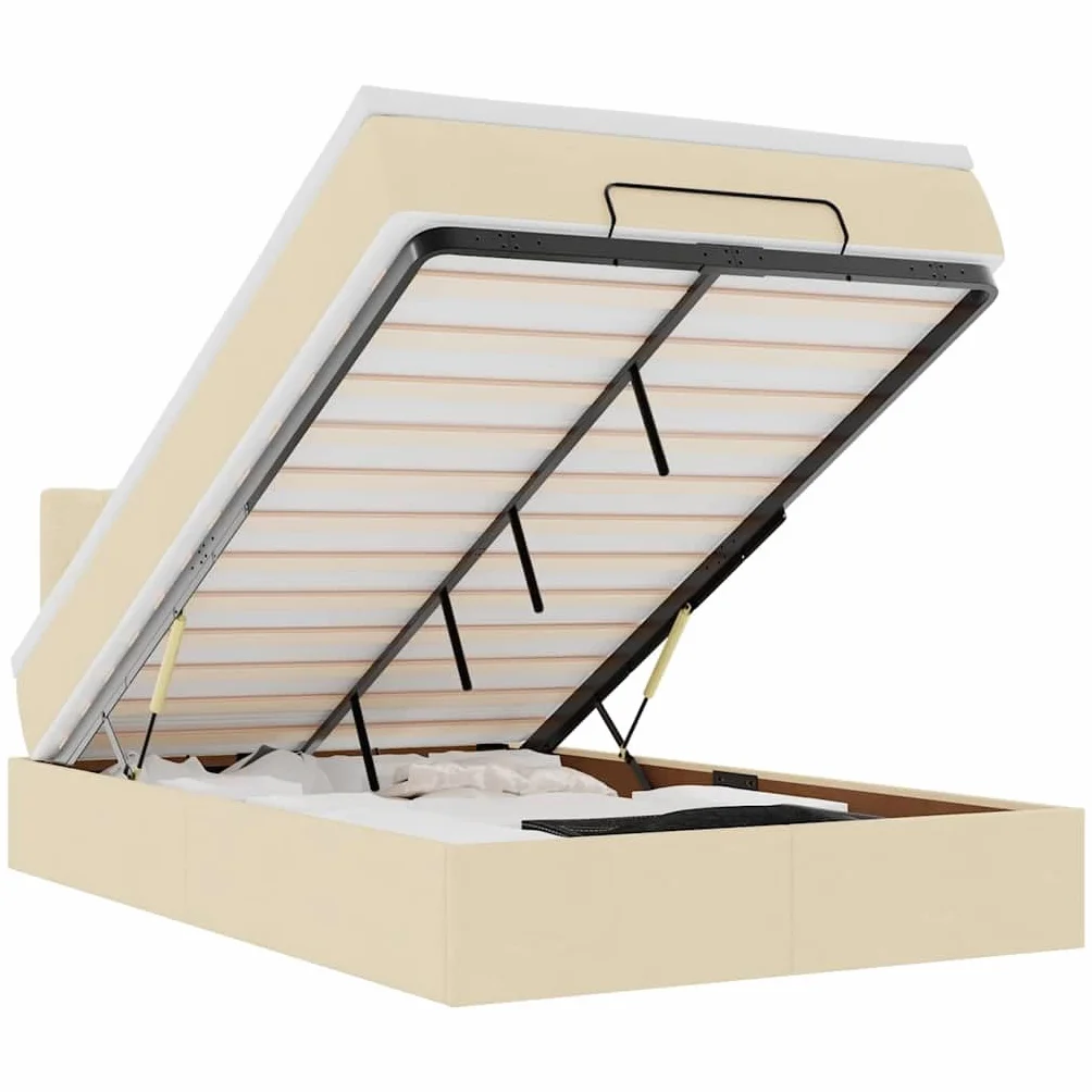 Cama otomana con colchón, 120 x 200 cm, tela crema, LED, gran espacio de almacenamiento, mecanismo de elevación hidráulica para jóvenes y habitaciones de invitados