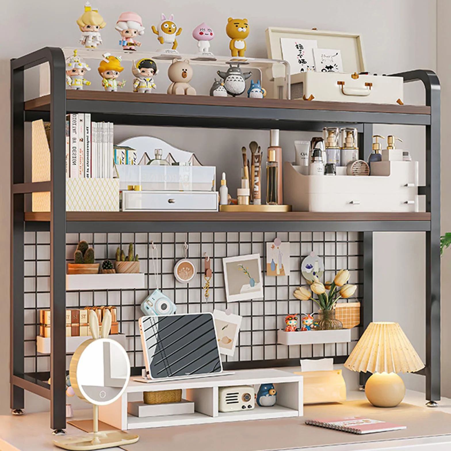 TWSOUL Estantería de escritorio, estantería de escritorio de 2 niveles, de madera y metal, estantería de escritorio para oficina con compartimento de rejilla, para oficina, estudio, dormitorio (altura