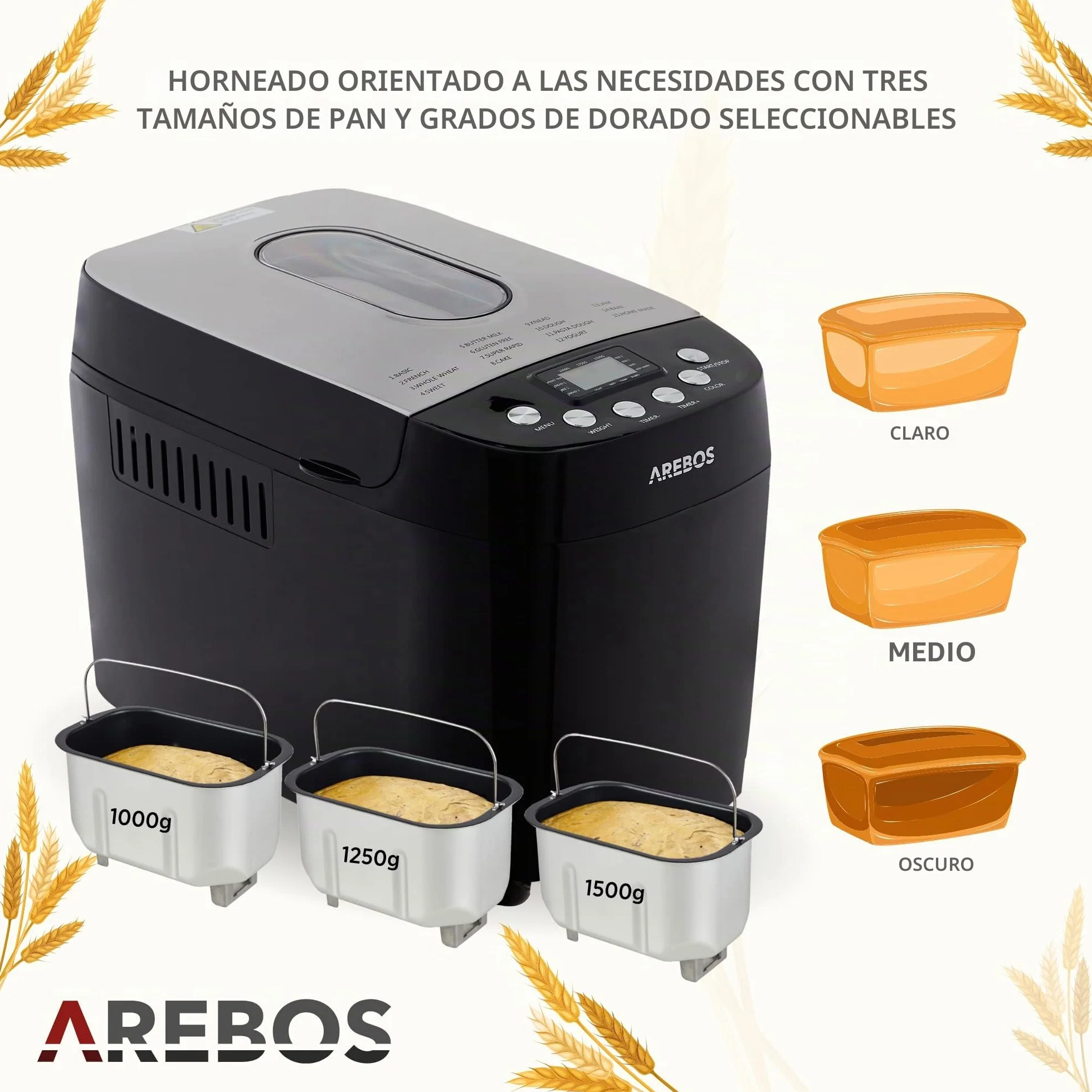 Arebos Panificadora 1500 g | con 15 programas | 2 ganchos para amasar | temporizador | pantalla LCD | 3 niveles de tostado y tamaños de pan | 850 W | Negro