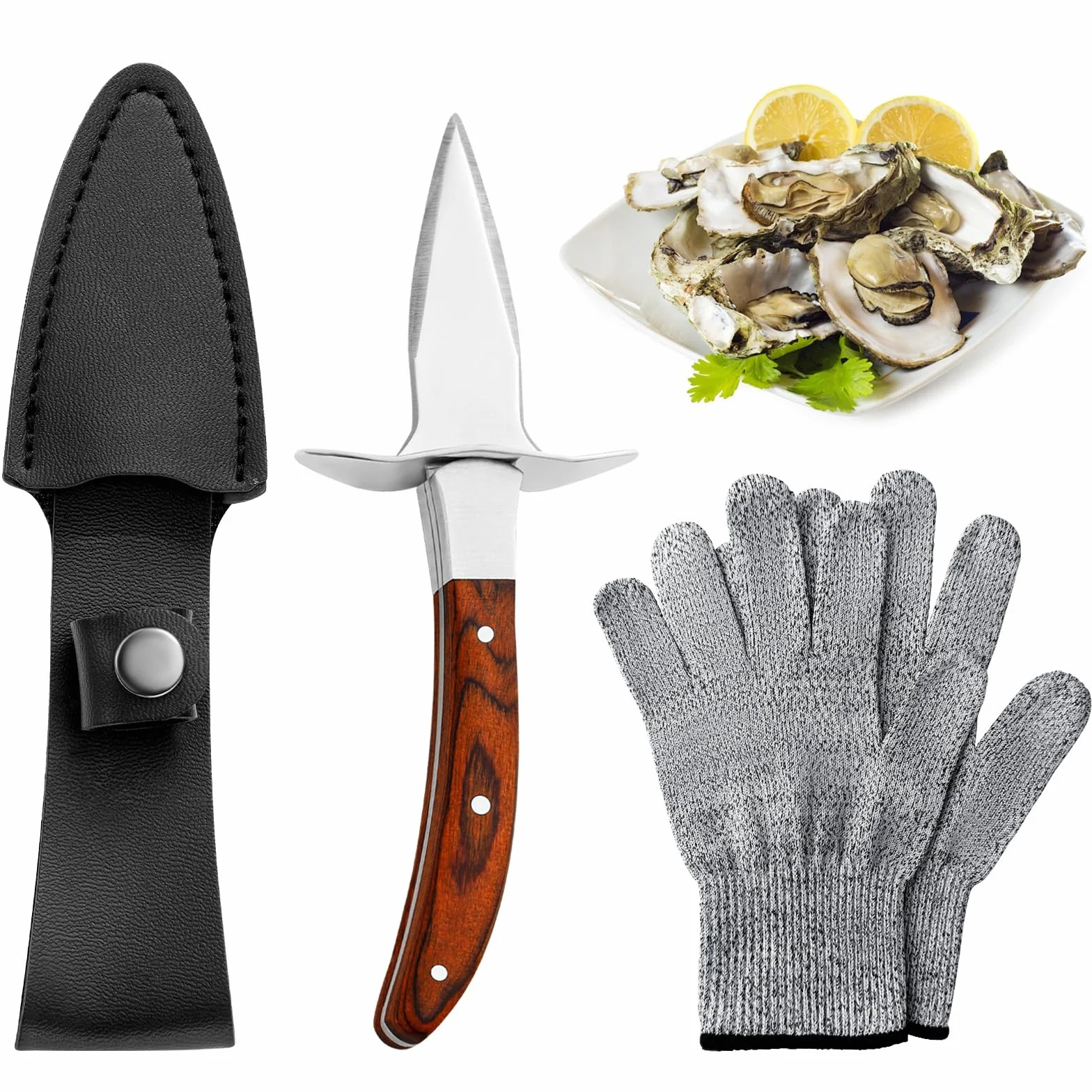 Juego de Cuchillos para Ostras, Abreostras Profesional de Acero Inoxidable, con 1 Par de Guantes Protectores y 1 Funda de Cuero para el Cuchillo, Apto para Marisco o Queso Duro
