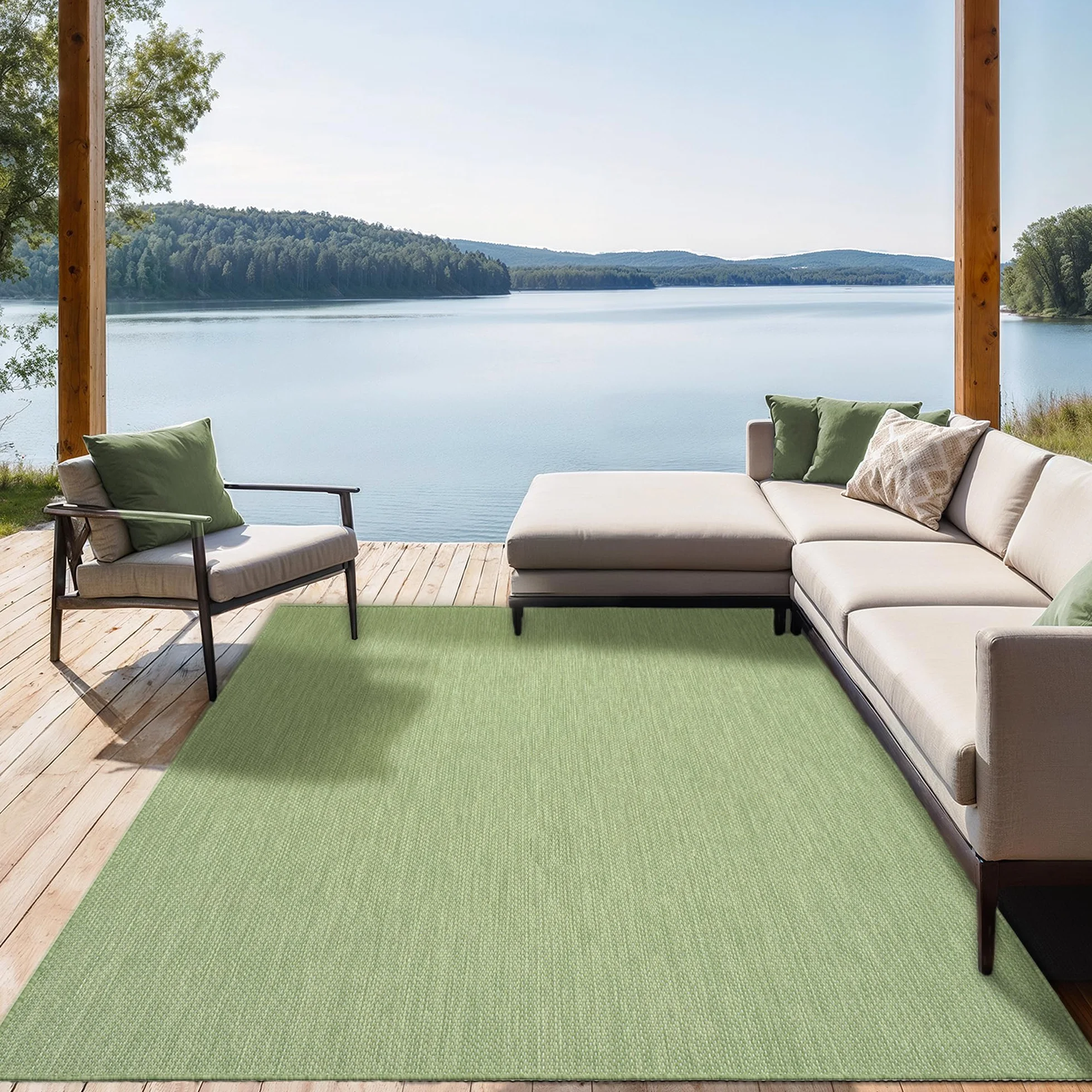 the carpet Mistra - Alfombra Robusta, Moderna, Duradera y fácil de cuidar, Interior y Exterior, salón, Ideal para Cocina, Pasillo e Invernadero, Tejido Plano, Verde, 240x340