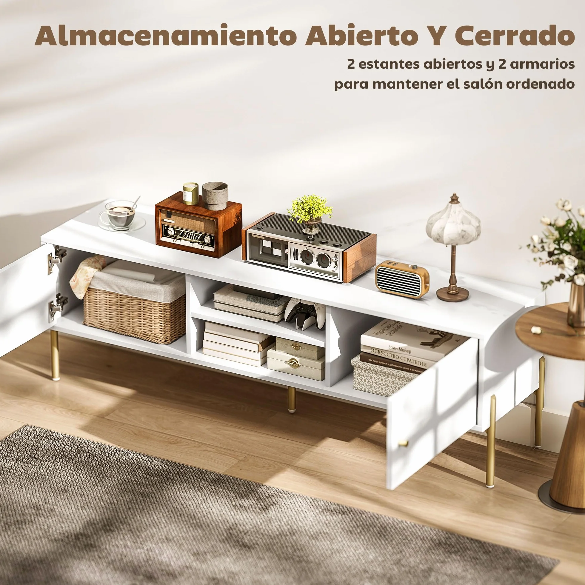 HOMCOM Mueble de TV Moderno de 2 Puertas, Mesa TV para Salón con 2 Estantes Abiertos Ajustables, Orificios Pasacables, Patas de Acero, para Televisión 65 Pulgadas, 140x38x45,9 cm, Blanco