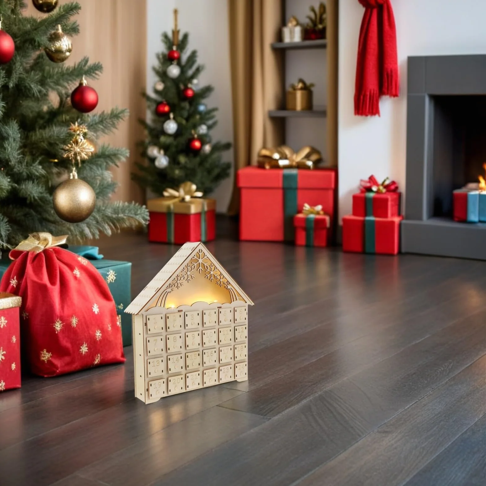 DOITOOL Calendario de Adviento de Navidad con Luz LED Reutilizables de Madera para Decoración de Pueblo Navideño Calendario Contador para Sala Oficina y Estilo Rústico