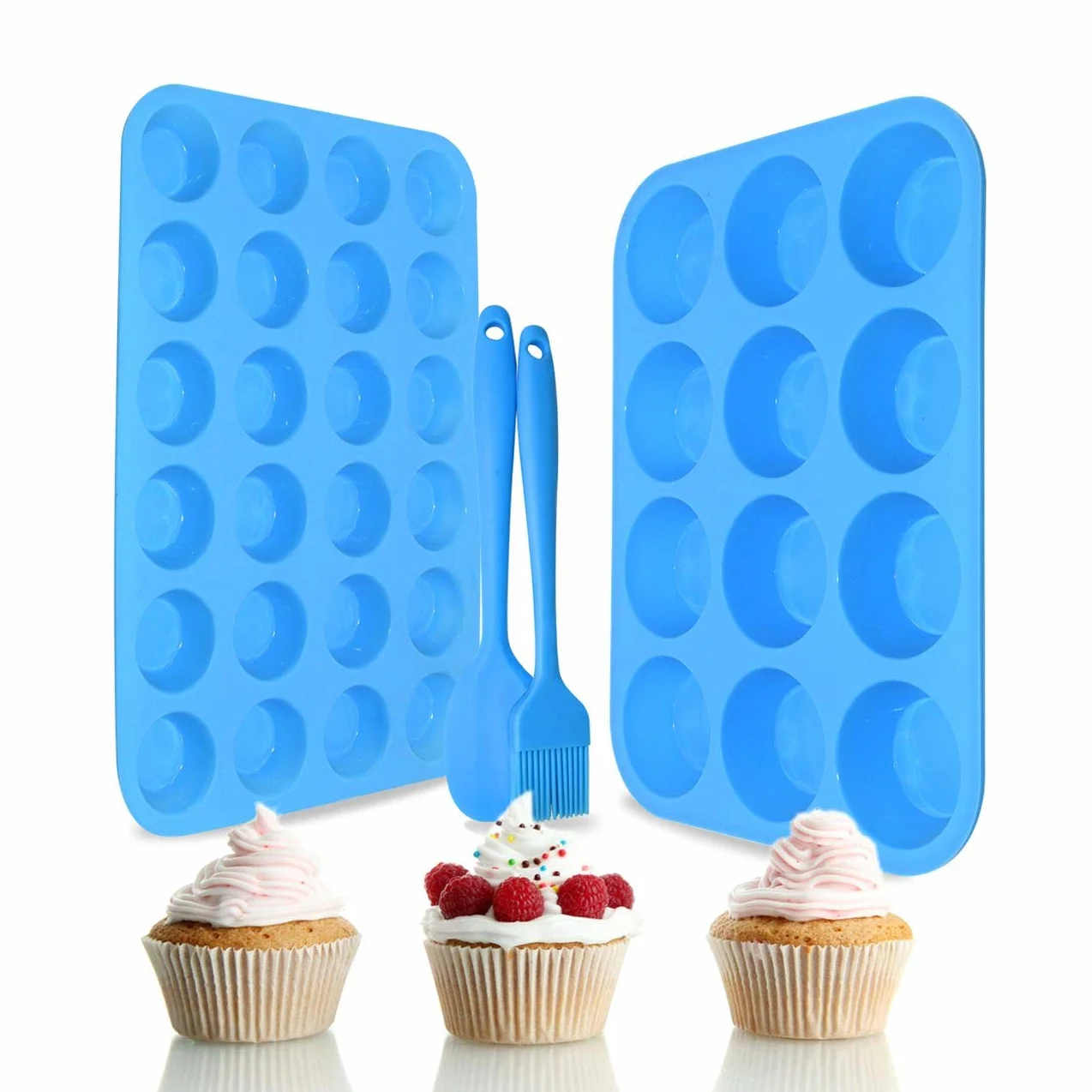 Juego de moldes de silicona para magdalenas, 12 tazas y 24 moldes para hornear cupcakes, sin BPA, antiadherentes, resistentes al calor, silicona de grado alimenticio con espátula de silicona y 1