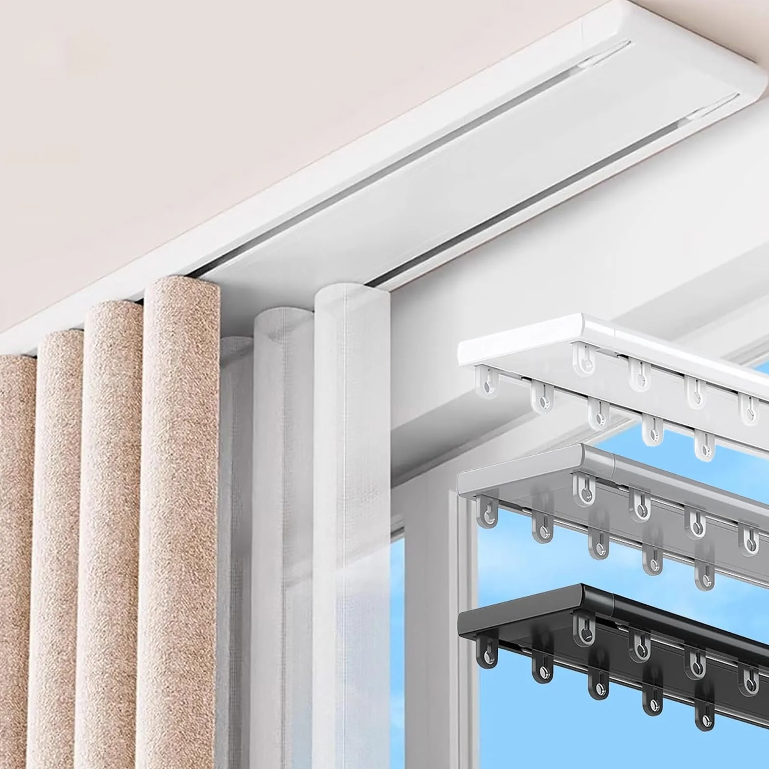 Sistema De Riel De Cortina Doble Aluminio Rieles De Cortina De Techo con Rodillos Silenciosos Cualquier Espacio Apto para Cortinas Transparentes Y Opacas(White,2.8m)