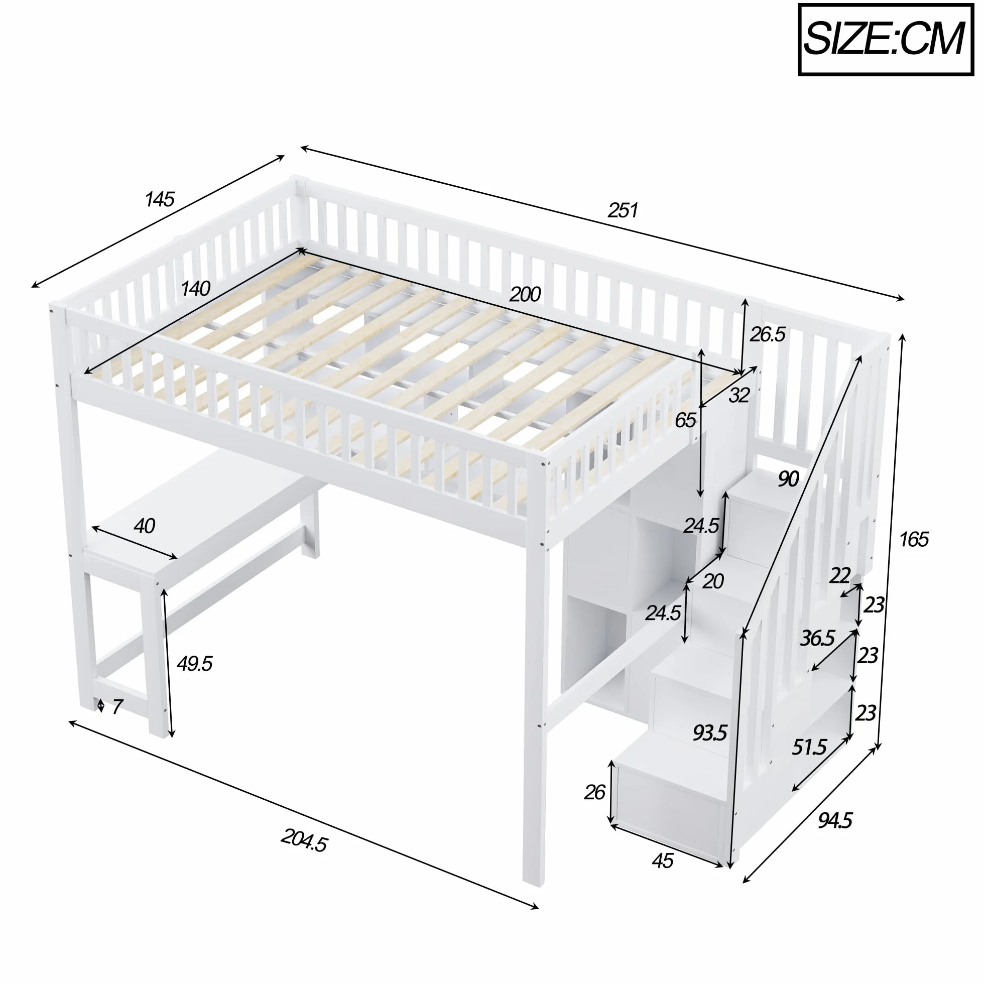 Moimhear Cama alta, 140 x 200 cm, con luces LED, escalera, estanterías, estantes, escritorio, madera de pino+MDF + Plywood, adecuado para niños y jóvenes (blanco)