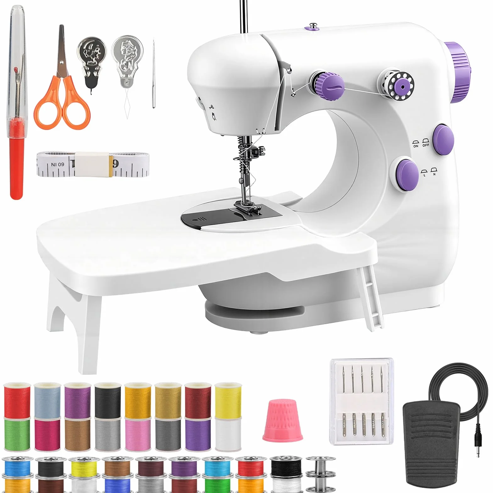 BRICH Mini máquina de coser portátil con mesa de extensión para principiantes y niños | Máquina de coser eléctrica compacta con pedal, 2 velocidades y 42 piezas de accesorios de costura para ropa y bricolaje