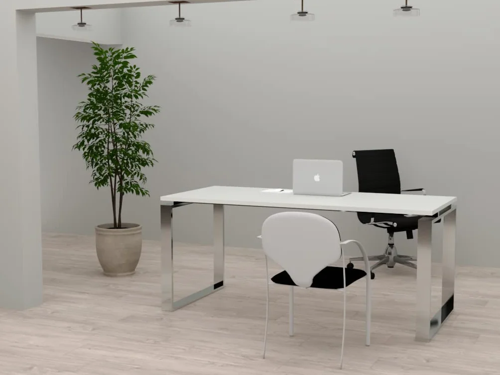 Mesa de Oficina con Estructura de Marco Cerrado Color Cromado. Tablero de melamina Fabricado en España. Envio a Toda la península. (Blanco, 140x80)