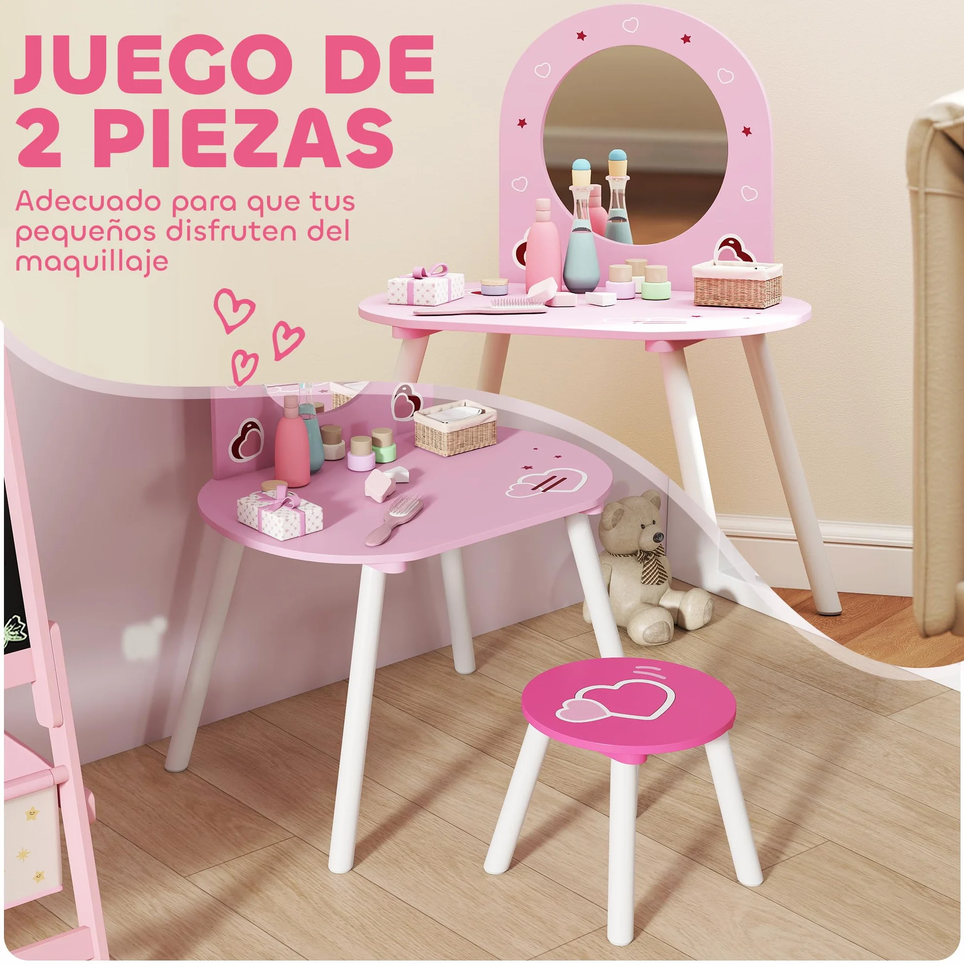 AIYAPLAY Tocador Infantil con Taburete y Espejo, Mesa de Maquillaje para Niñas 3-6 Años, Rosa