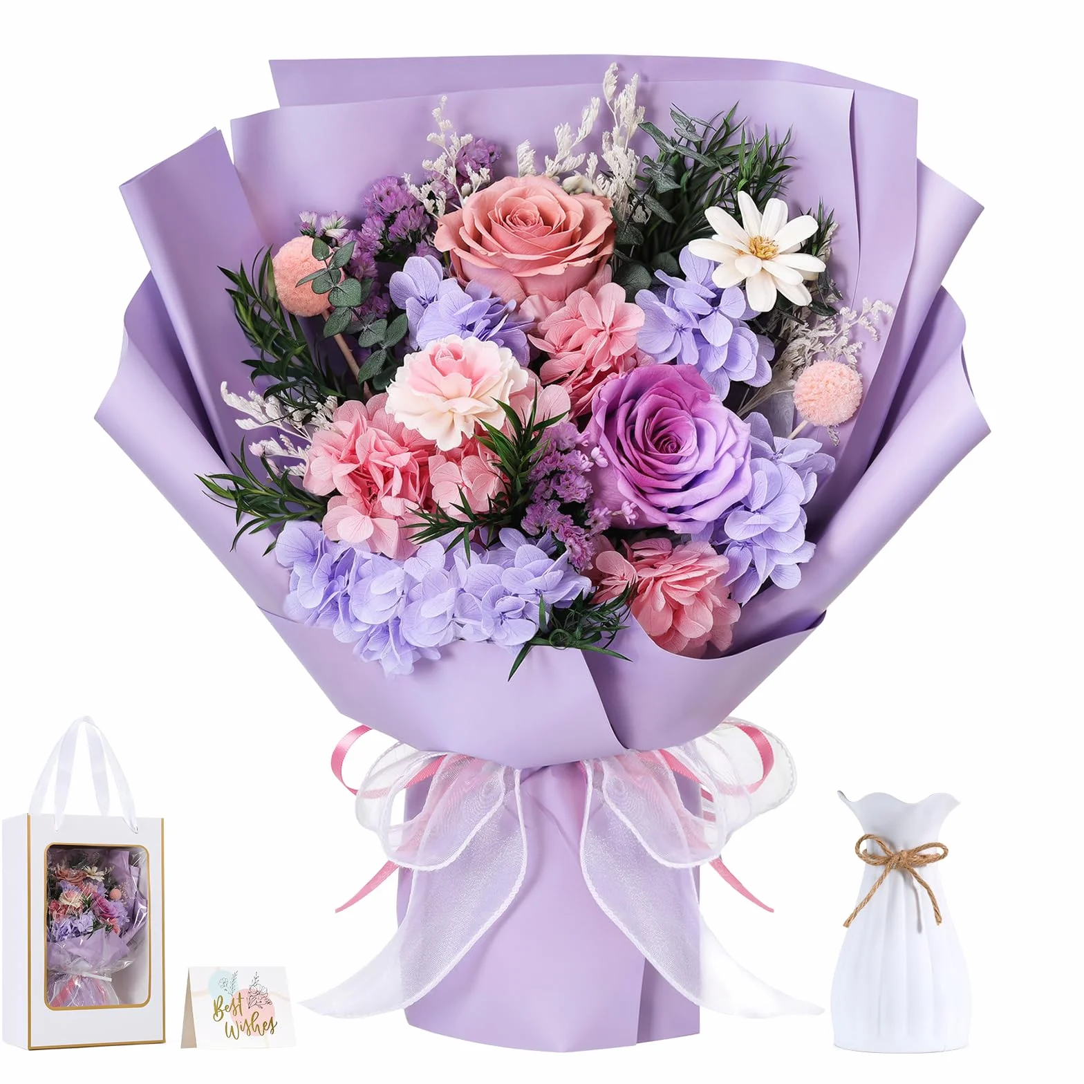 Lewondr Ramo de Flores Conservadas con Jarrón – 2 Rosas y Flores Reales, Morado