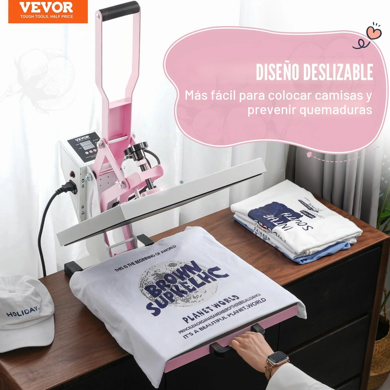 VEVOR Prensa Térmica Deslizable Máquina de Prensa Térmica Digital de 380 x 380 mm con Algodón Aislante de 2 Capas Máquina de Transferencia de Calor para Camisetas, Tazas, Almohadas y Bolsas, Rosa