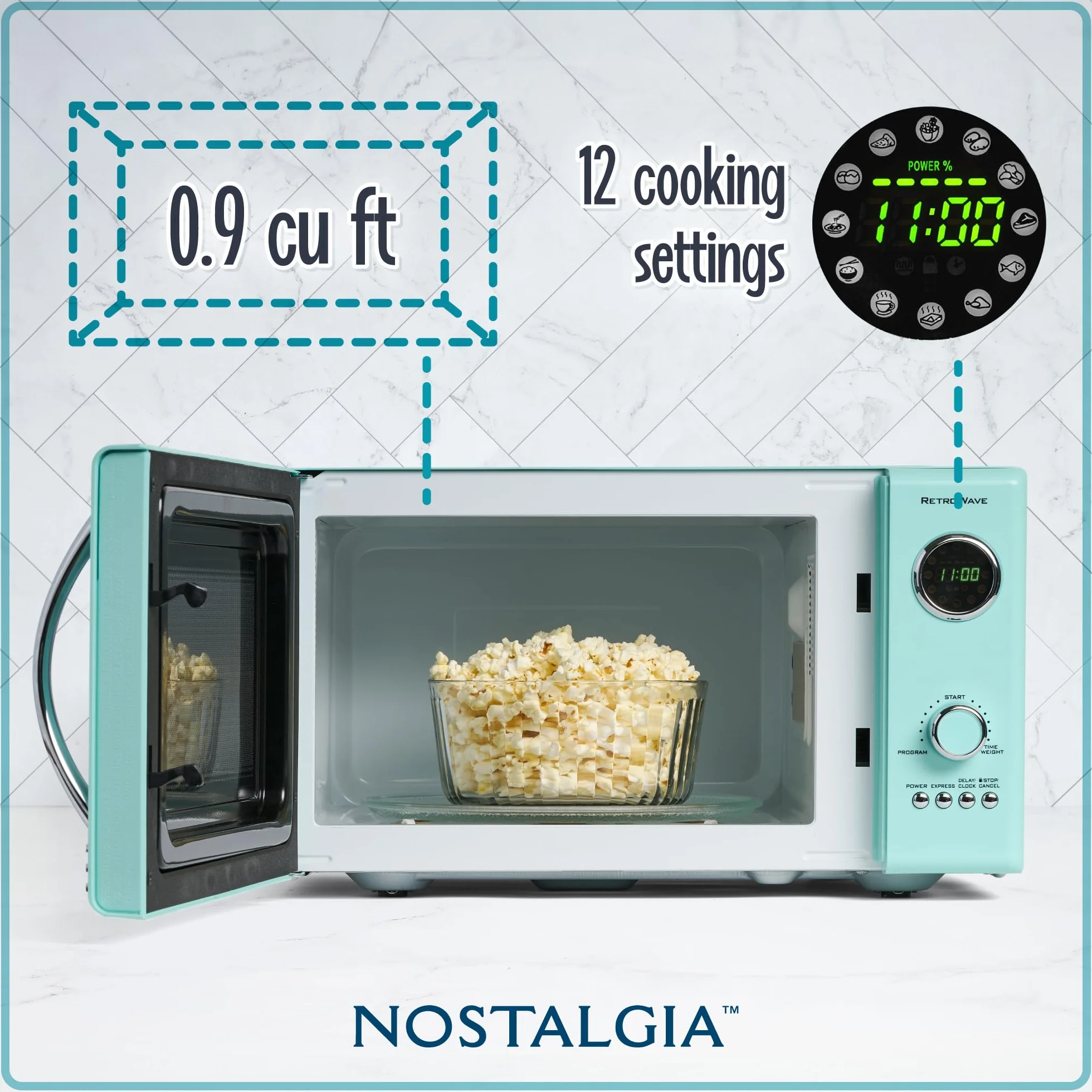 Nostalgia Microondas Retro de Encimera - Gran Potencia de 800 Vatios - 25 Litros - 12 Programas de Cocción Preestablecidos - Reloj Digital - Electrodomésticos de Cocina - Aguamarina