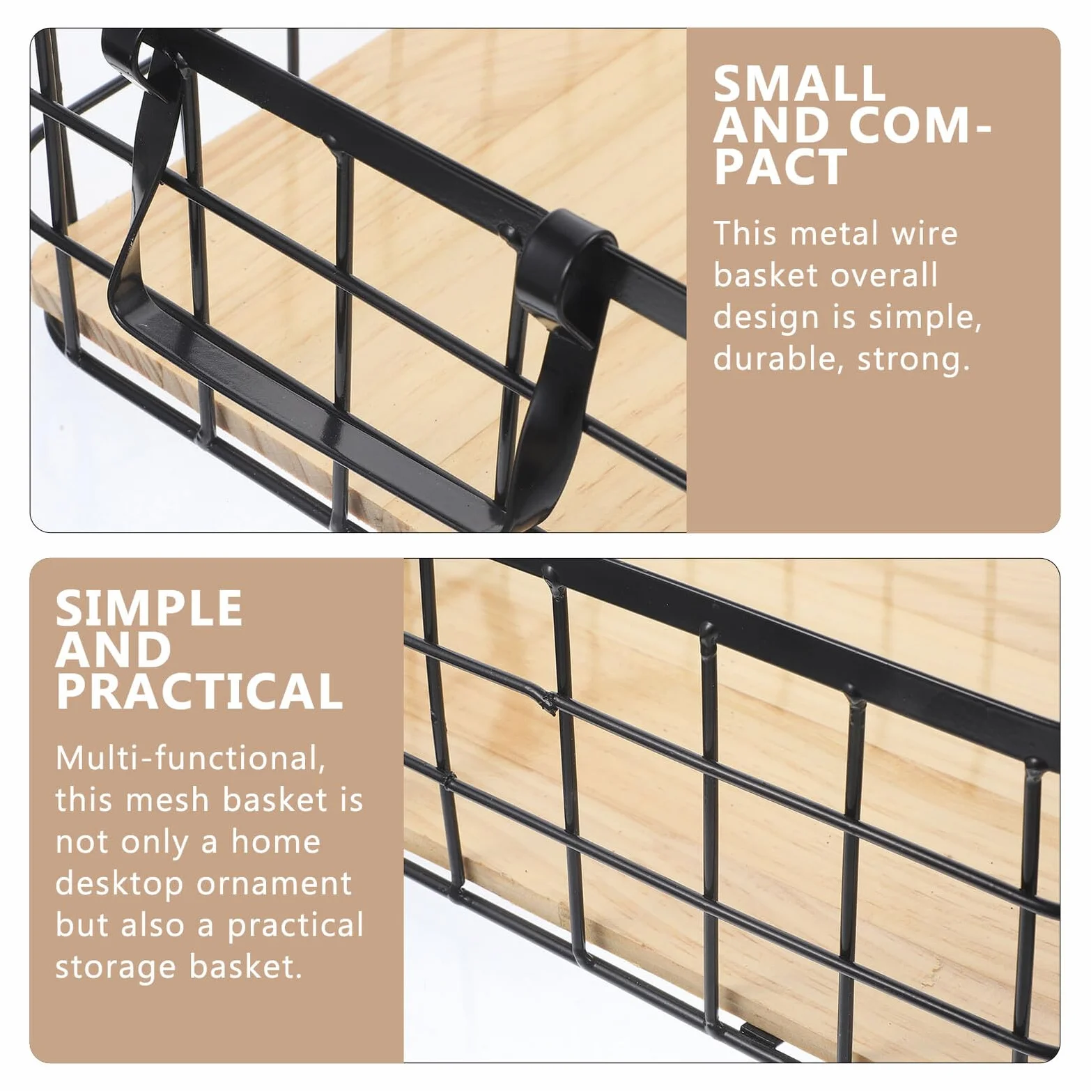 Cesta de Almacenamiento de Alambre Negra Asas de Hierro y Base de Madera | Organizador Multiuso para Cocina y Frutas, Diseño Sencillo y Práctico, Uso en Escritorio Doméstico