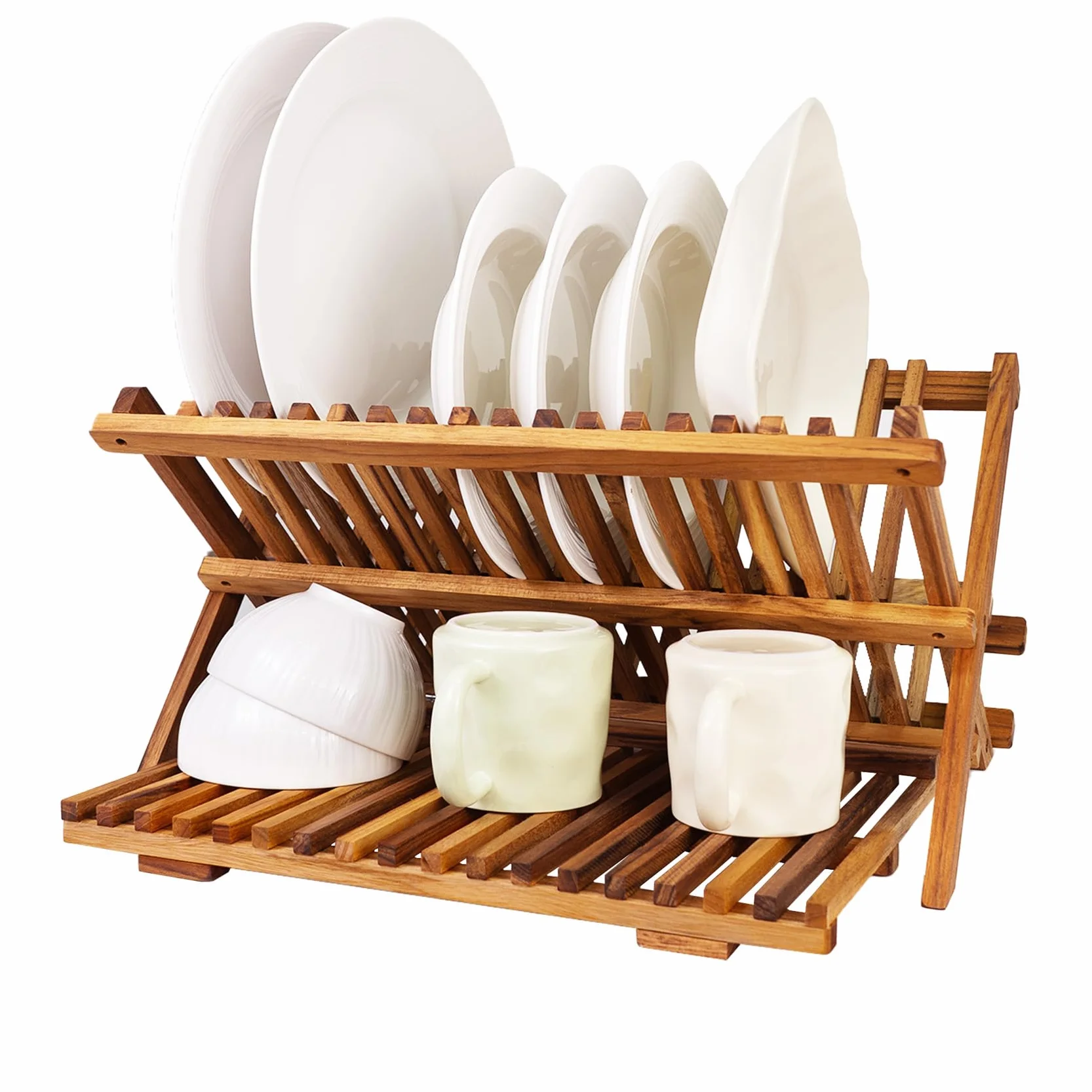 Utoplike Secador de Platos Plegable de Madera de Teca de 3 Niveles | Escurridor de Platos Plegable de Gran Capacidad, Organizador de Cocina para Platos y Tazas Que Ahorra Espacio