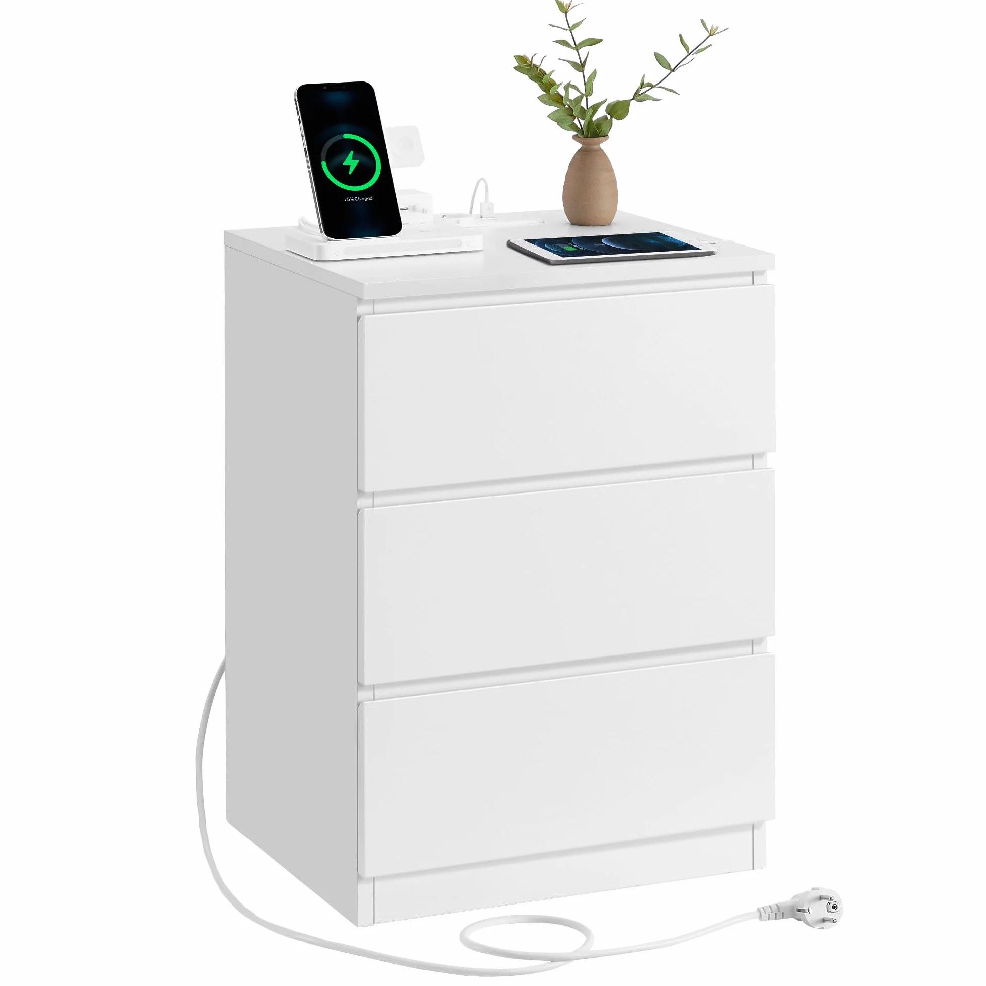 VASAGLE Kailyn Colección - Mesita de Noche con Estación de Carga, Mesa Auxiliar con 3 Cajones, 2 Tomas AC, 2 Puertos USB, Salón, Dormitorio, Estudio, Blanco Nube LET631W14V2