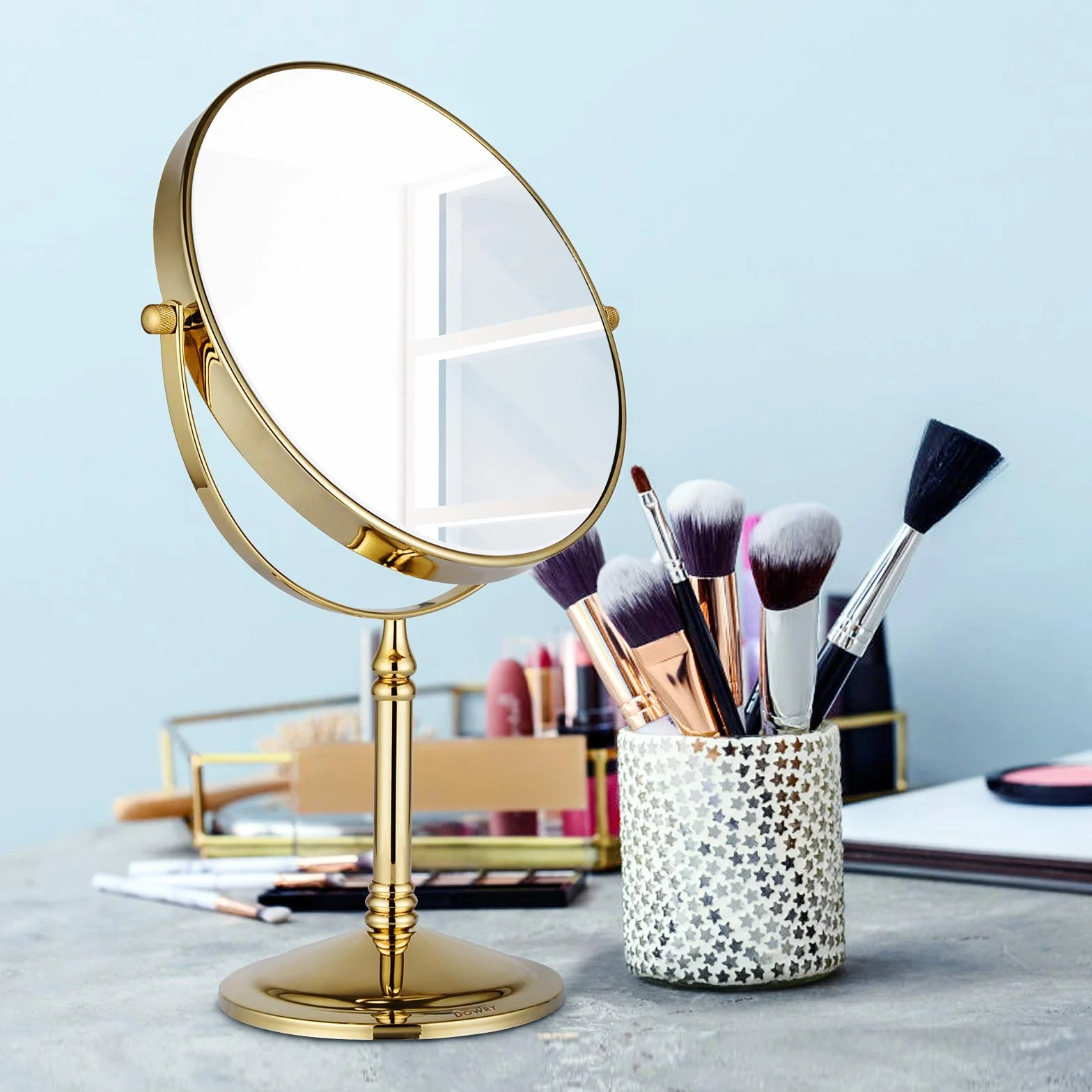 DOWRY Espejo de Maquillaje Dorado Con Aumento 7X - Cosmético de Mesa 8 Pulgadas, Afeitado de Pie, Doble Cara