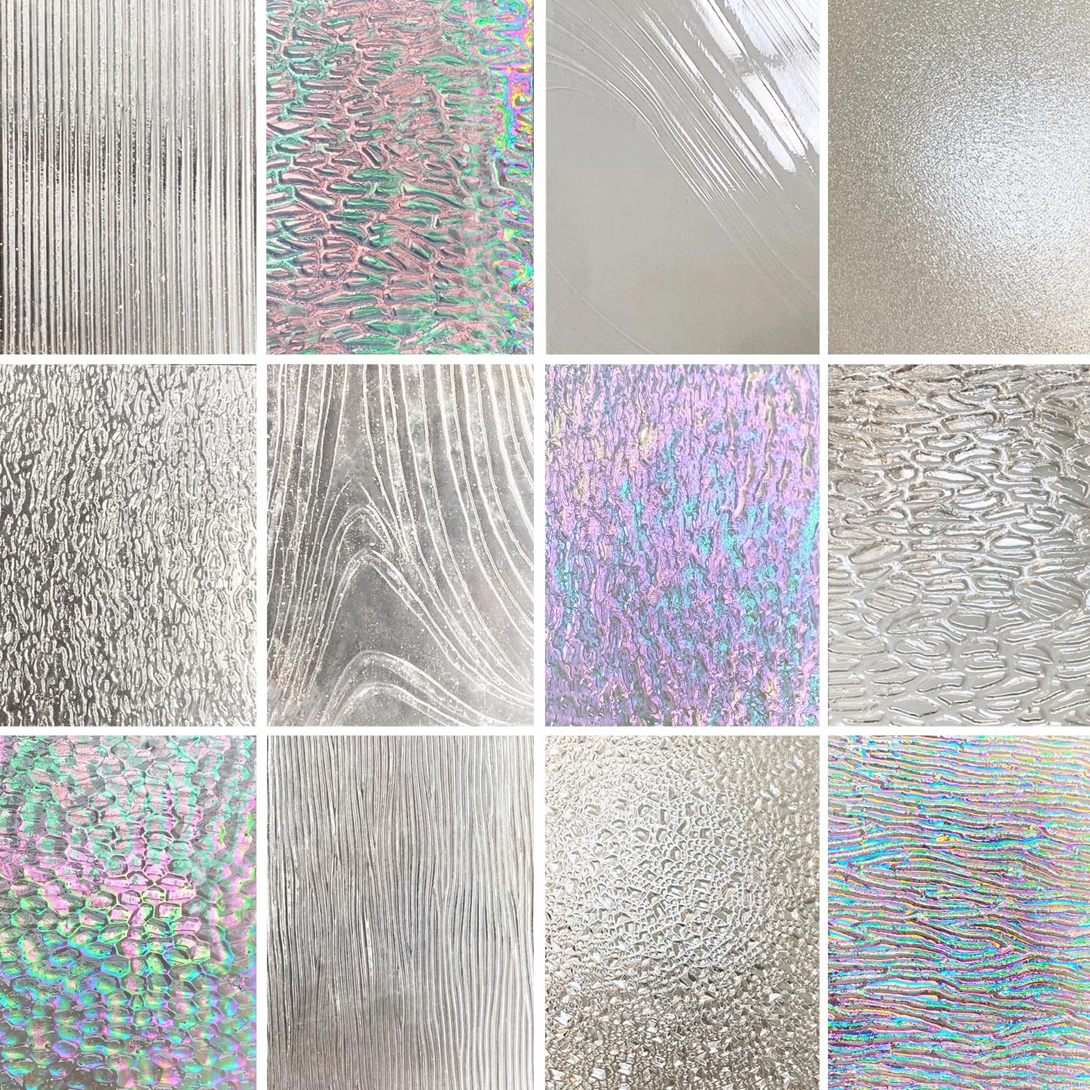 ILLUCKAI - Paquete de 12 hojas de vitral claro con texturas, cristal tintado de 10 x 15 cm, vidrio artístico iridiscente arcoíris de catedral para proyectos de vitral y manualidades en mosaico