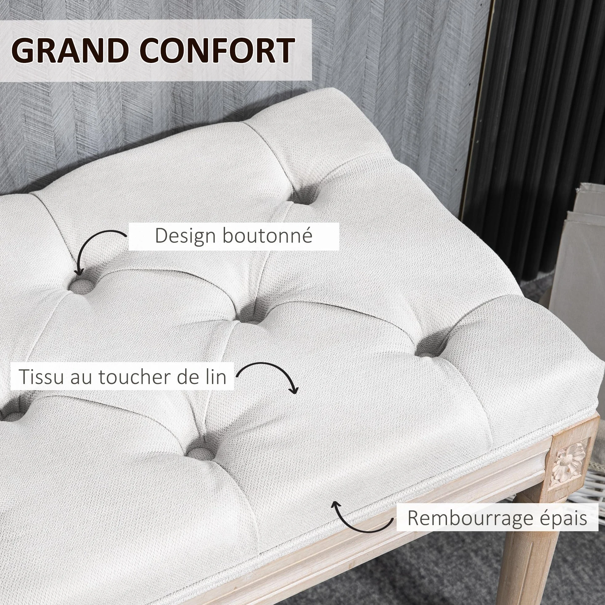 HOMCOM - Banco de asiento acolchado estilo vintage francés acolchado grueso revestimiento, tejido de aspecto lino, patas de madera maciza, crema