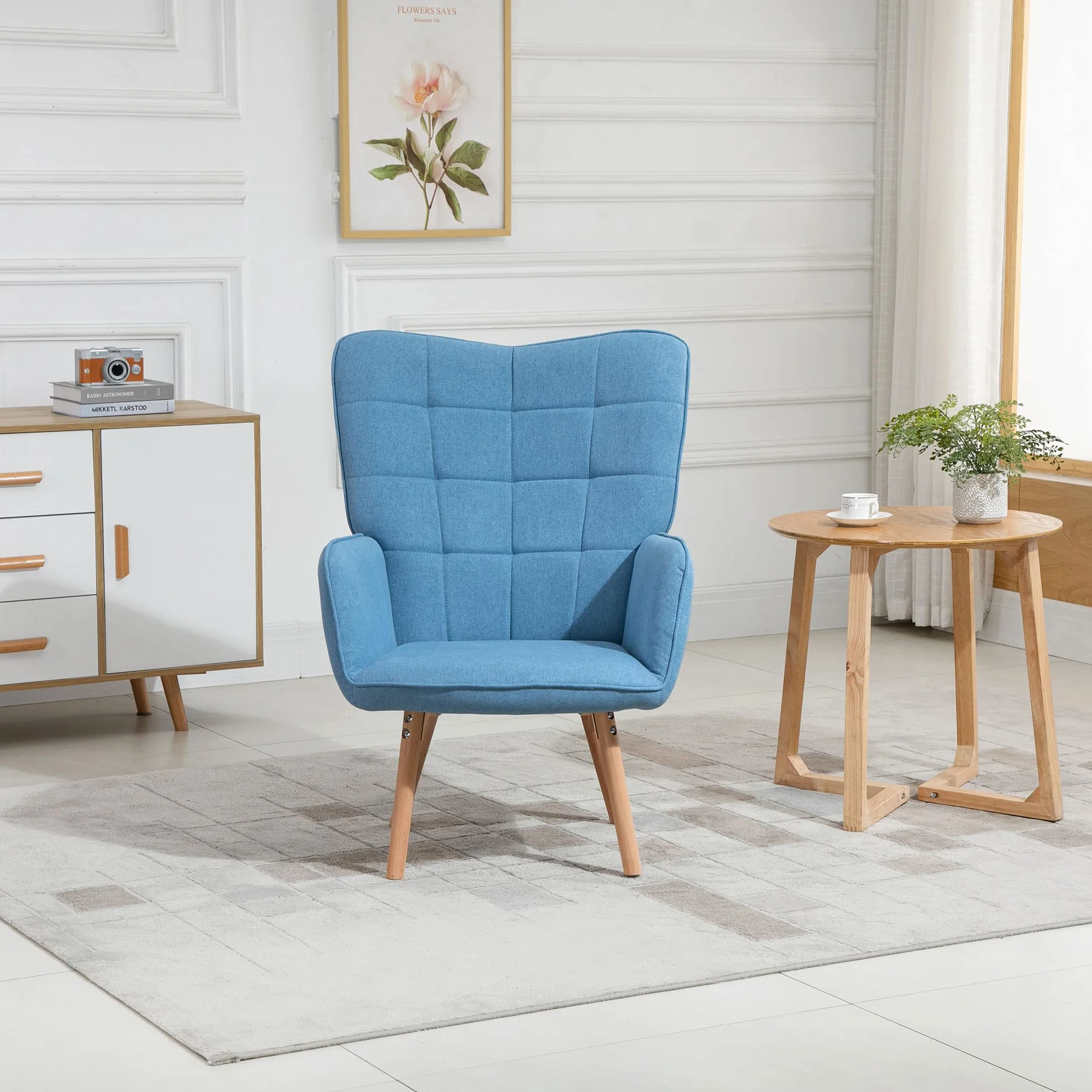 HOMCOM Sillón de Salón Moderno Butaca con Respaldo Alto 71x76x101 cm Azul | Butaca de Dormitorio, Reposabrazos, Tela de Lino, Patas de Madera, para Sala de Estar
