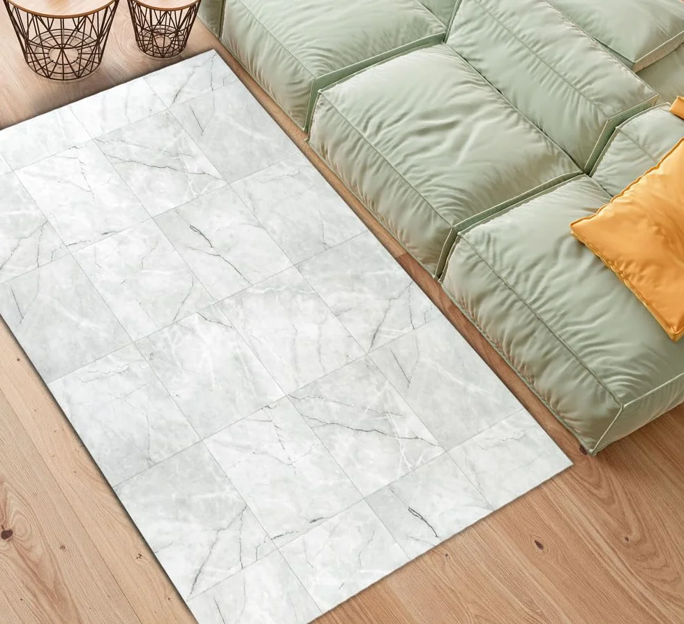 Alfombra Vinilo beig Marfil Dibujo marmol veteado para Cocina, Alfombra Vinilo para salón, Alfombra Oficina antidelizante con Detalles Gris.
