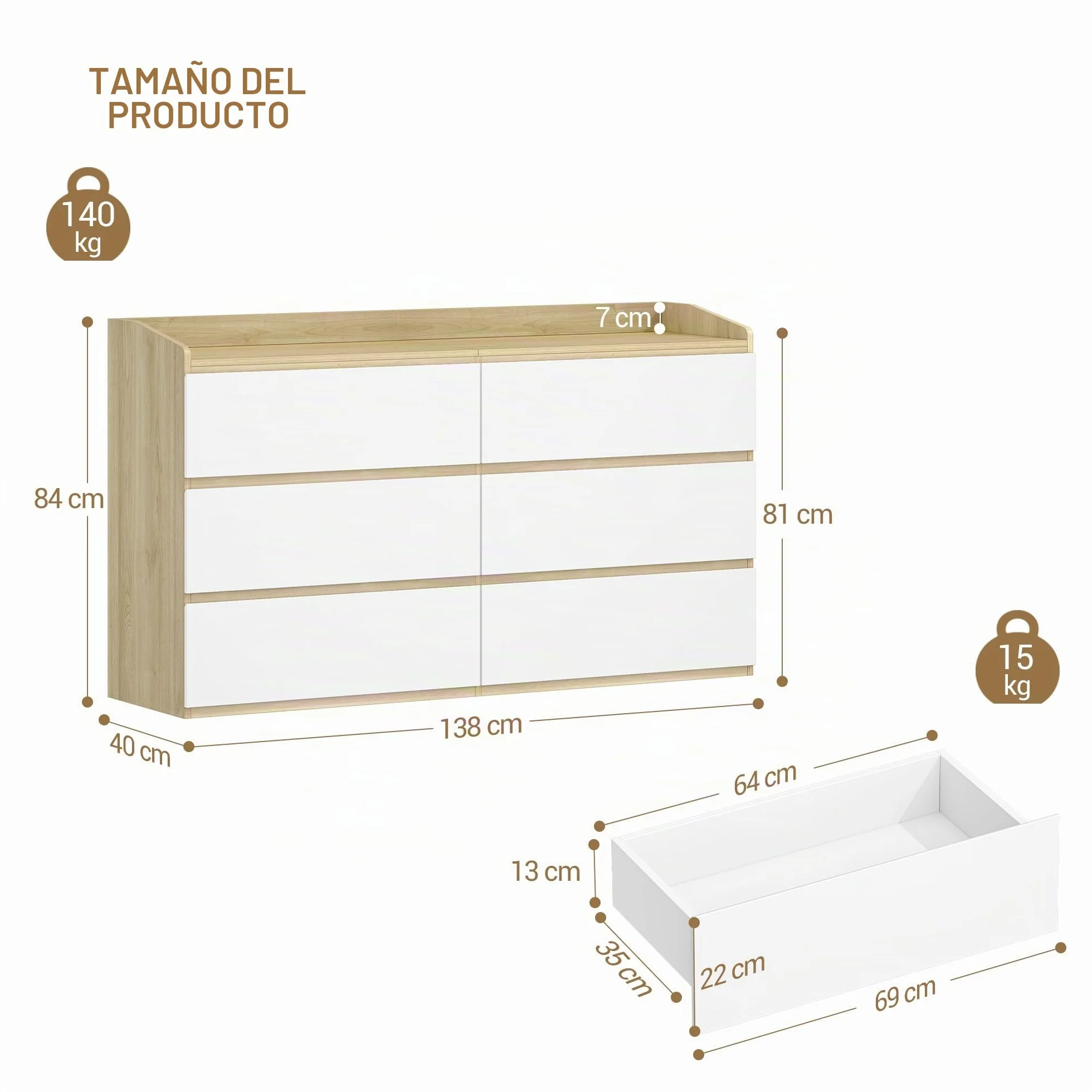 Hzuaneri Cómoda, Cajonera Dormitorio de 6 Cajones, Armario Auxiliar con Superficie de Trabajo, Estilo Moderno, para Salón, Dormitorio, Pasillo, 40 x 138 x 84 cm, Blanco-Roble DC32631X