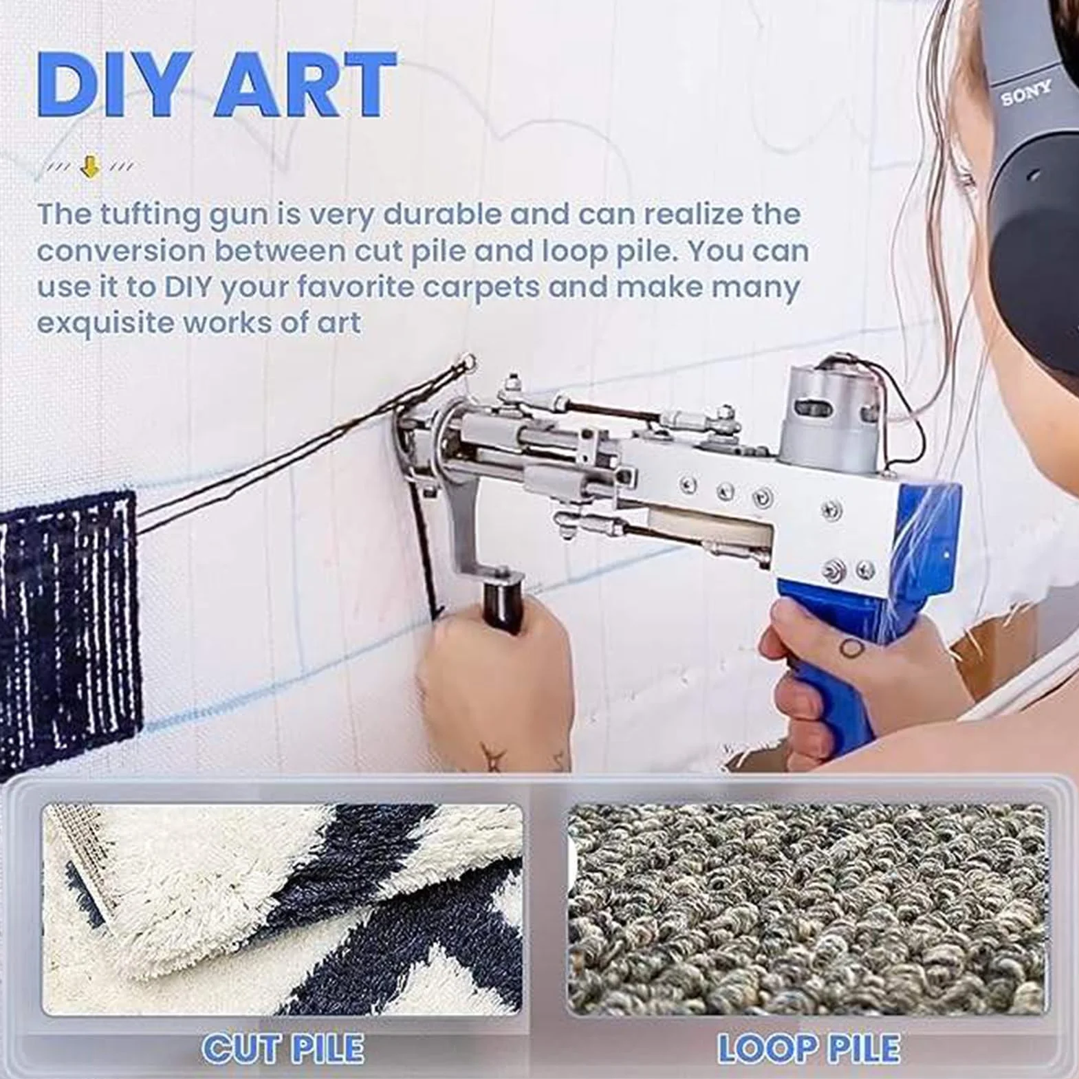 Rug Tufting Gun 2 en 1 Cut & Loop Pile,5-40 Puntadas/seg Ajustable con Recortadora De Alfombras,Tufting Gun Kit de Inicio de Pistola de mechones,Rug DIY Making Tools