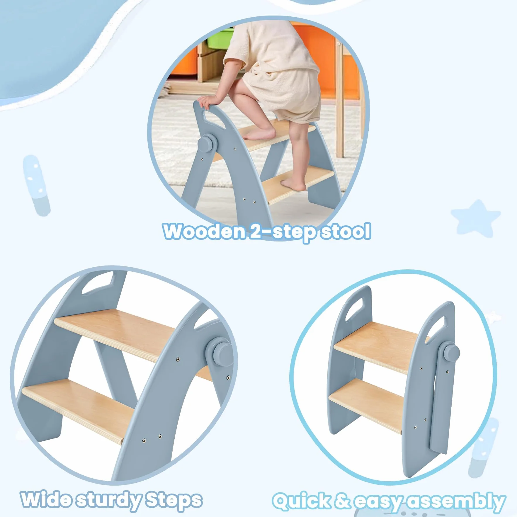 Taburete Niños Madera 2 Peldaños Plegable 130 kg Alfombrilla Antideslizante Asas Escalon Infantil Azul