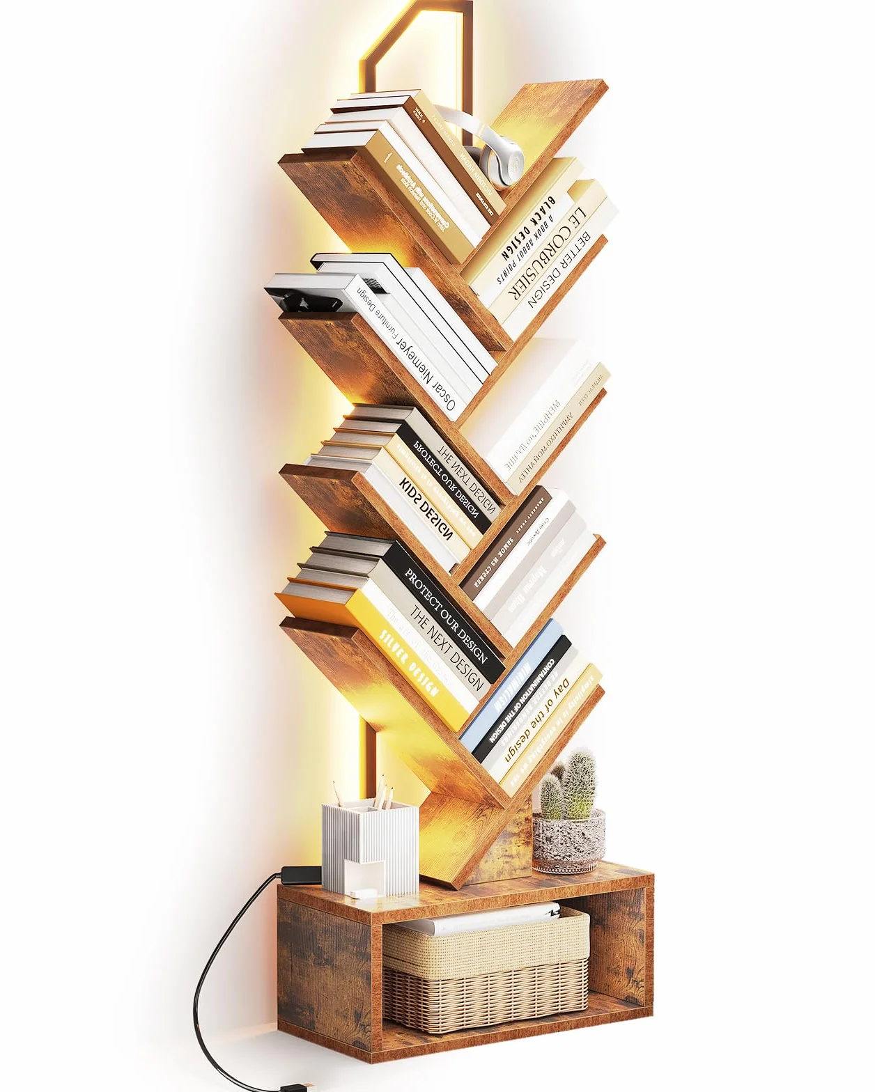Coleshome Estantería de Árbol LED, Librería con 8 Niveles 115cm Marrón | LED Luz de Color Ambiente Montaje Fácil Compacto Estante Bonito Decorativo Antivuelco 40-60 Libros Salón Dormitorio Oficina