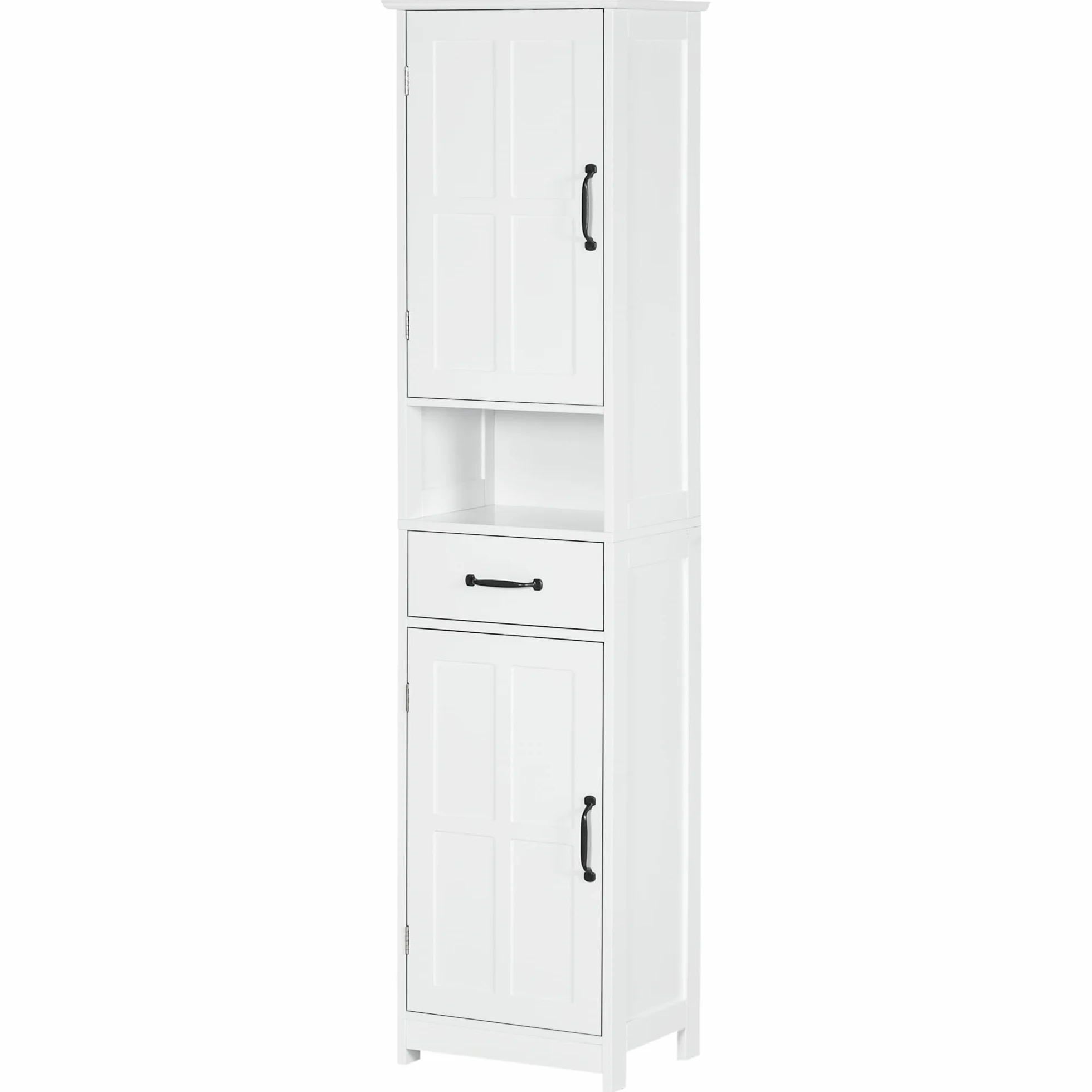 kleankin Columna de Baño Armario de Baño Alto con 2 Puertas 1 Cajón Estante Abierto y Estantes Ajustables Antivuelco 40x30x164 cm Blanco